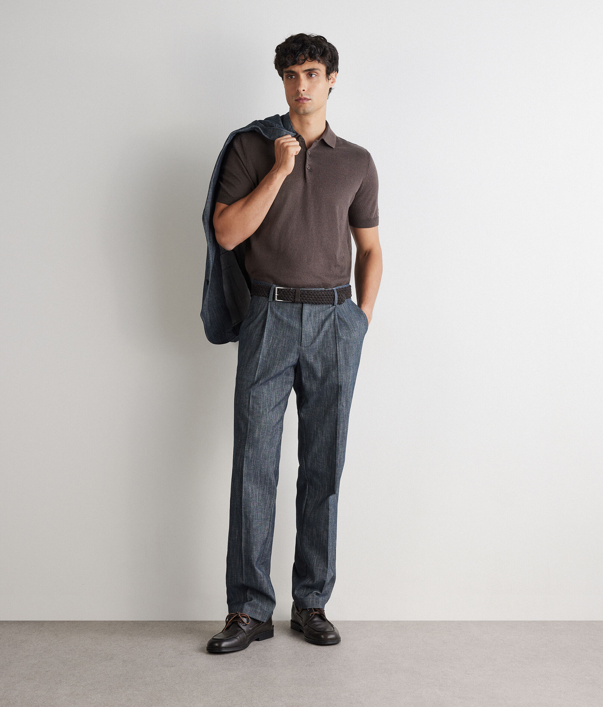 Denim-effect trousers in shot cotton