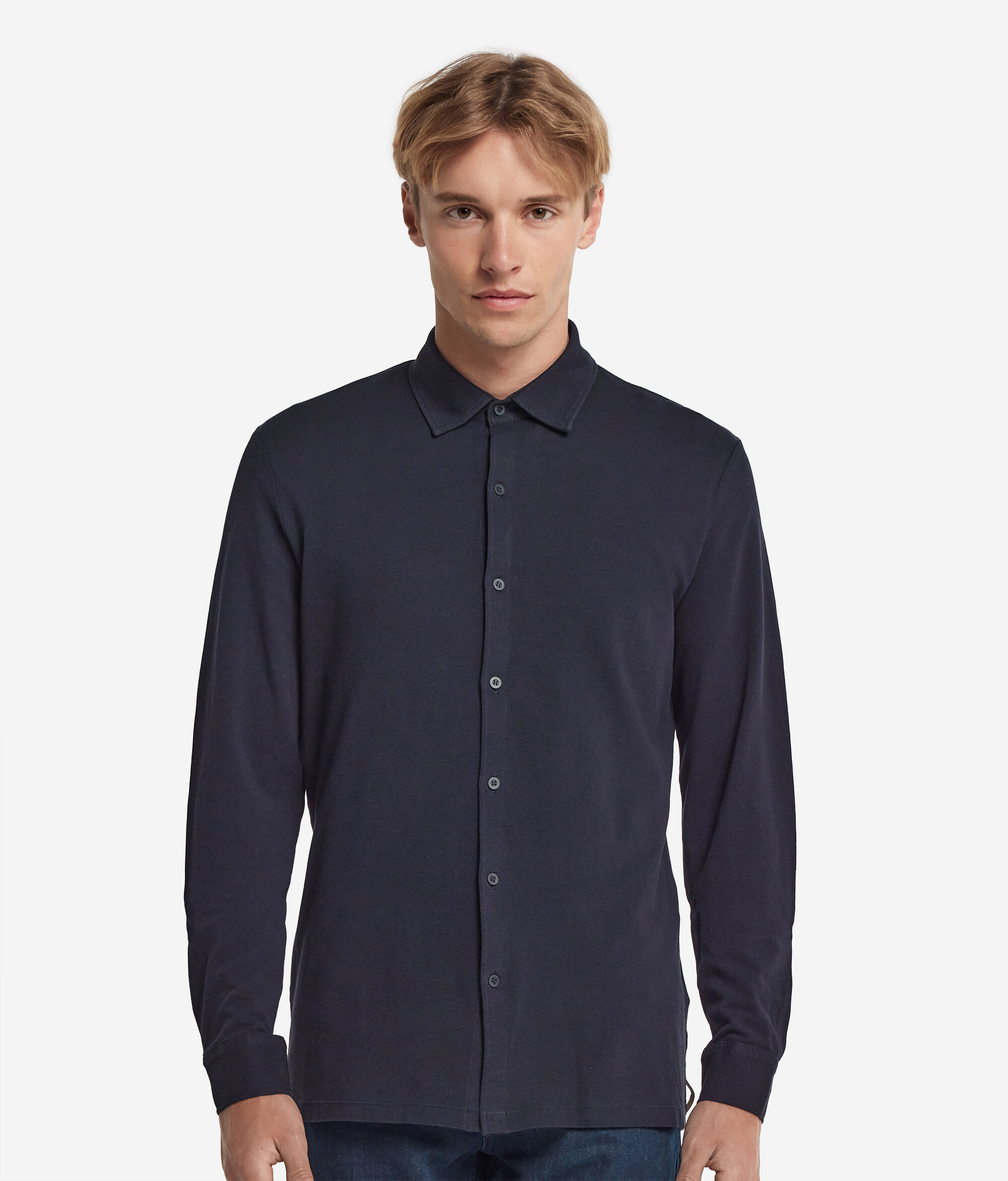 Long-Sleeved Shirt in Cotton and Silk Piqué