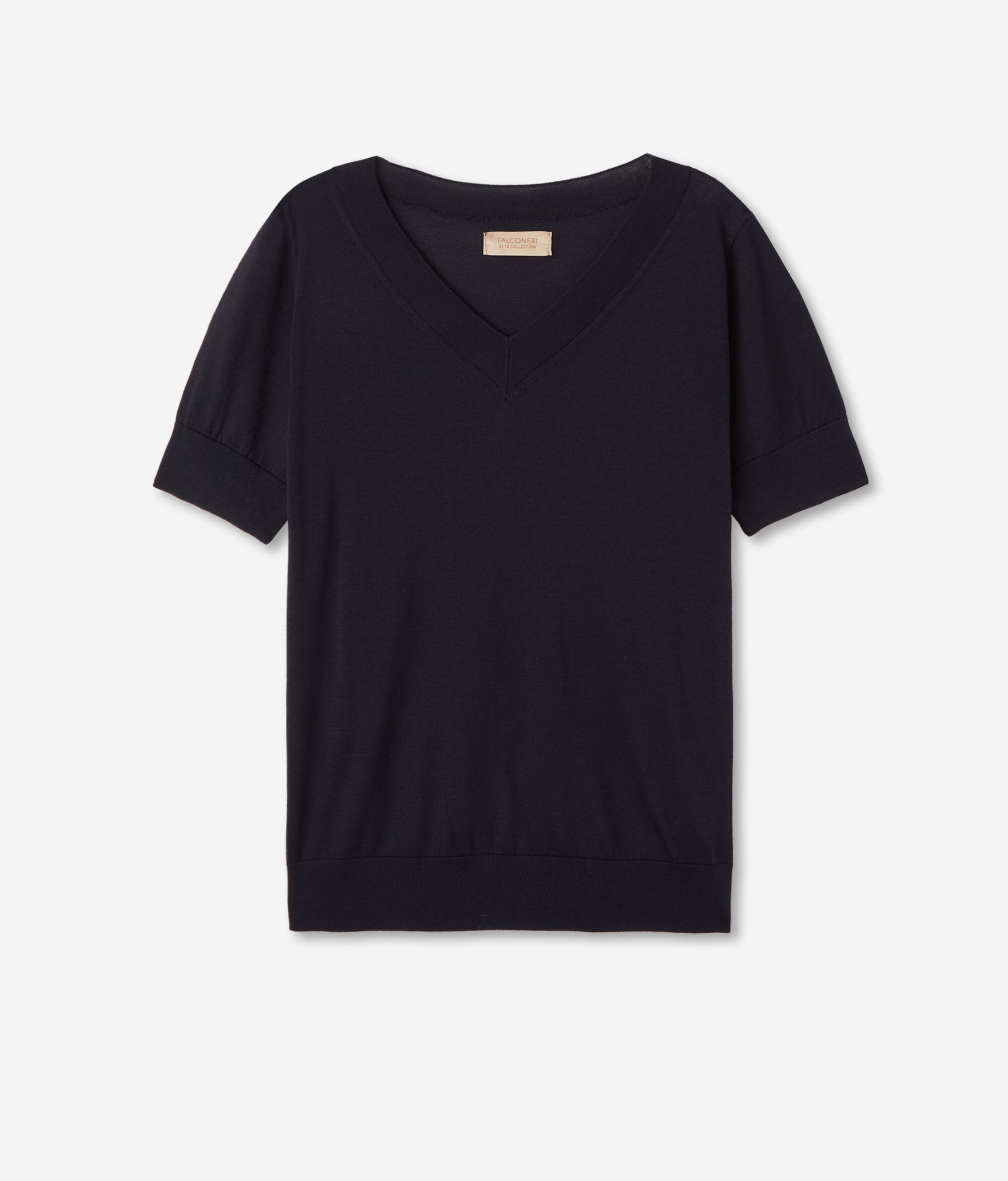 Maglia con Scollo a V a Maniche Corte in Seta Cotone