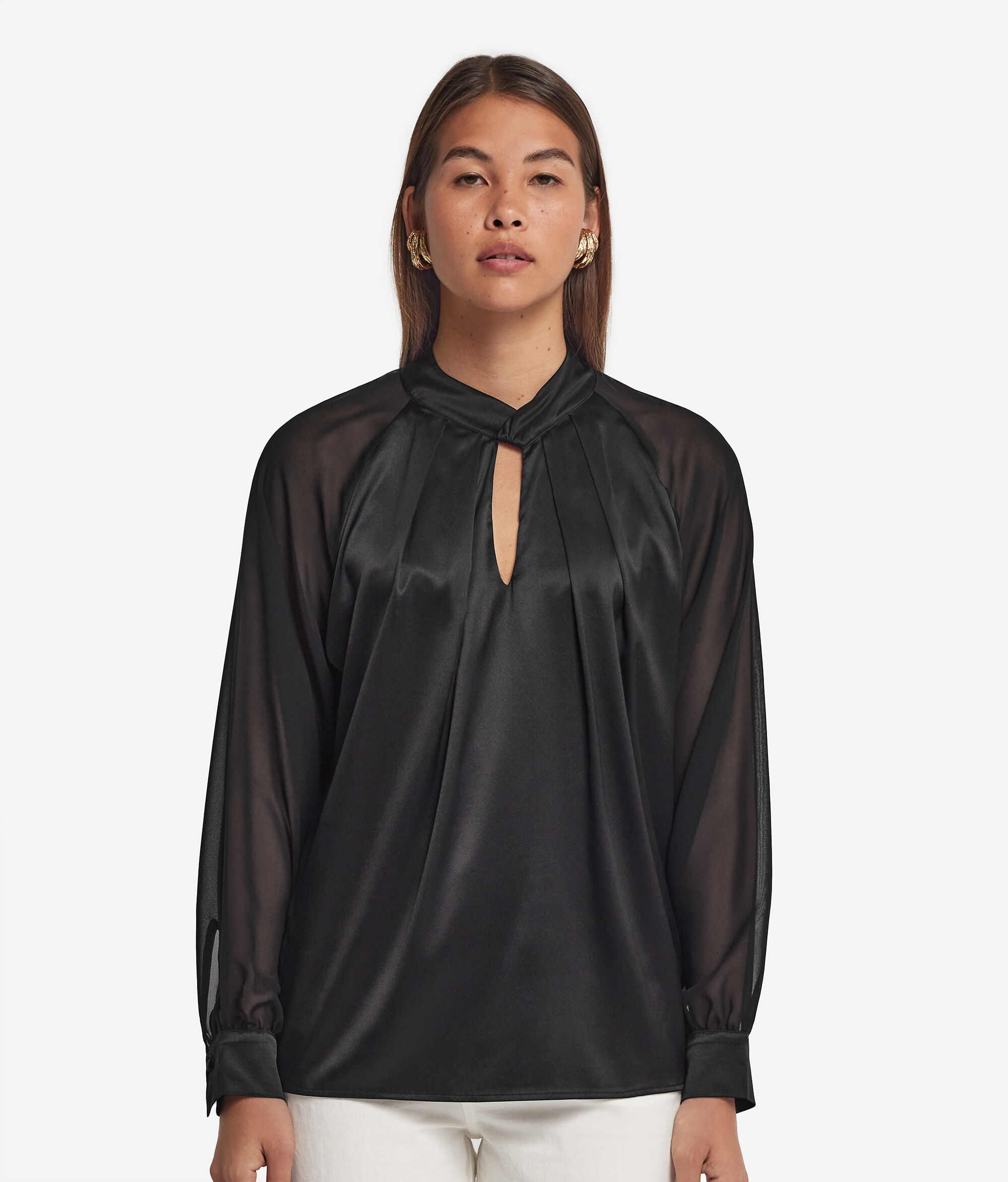 Silk Satin Blouse with Crossover Collar