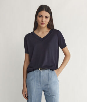 Maglia con Scollo a V a Maniche Corte in Seta Cotone