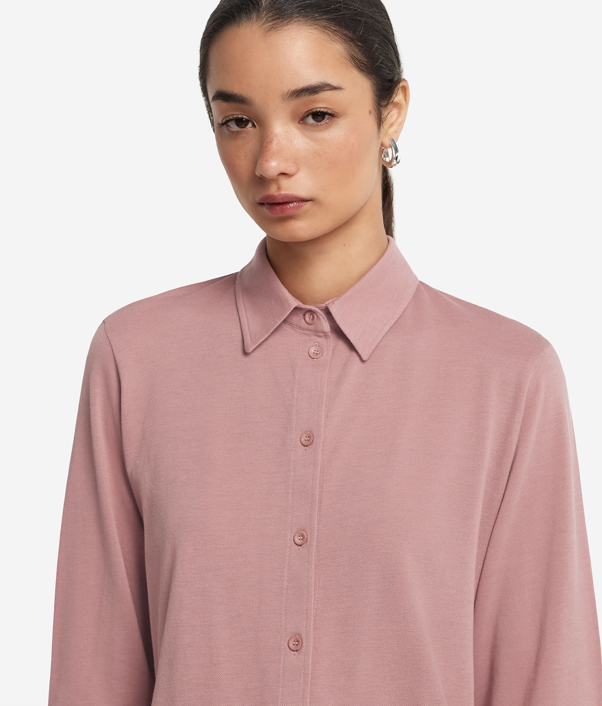 Long-Sleeved Shirt in Cotton and Silk Piqué