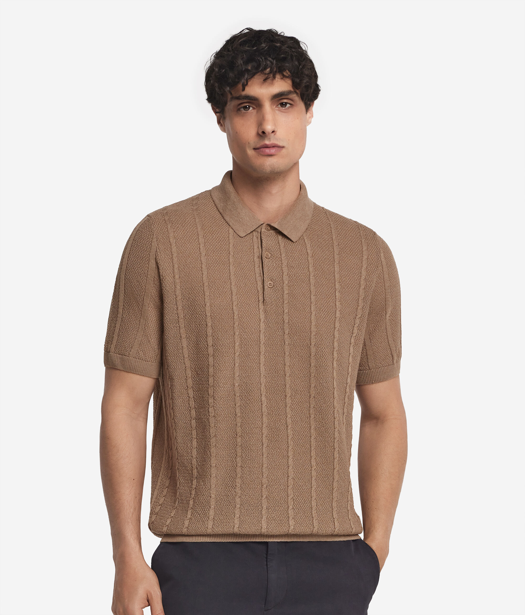 Short-Sleeved Cable-Knit Knot-Stitch Polo Shirt