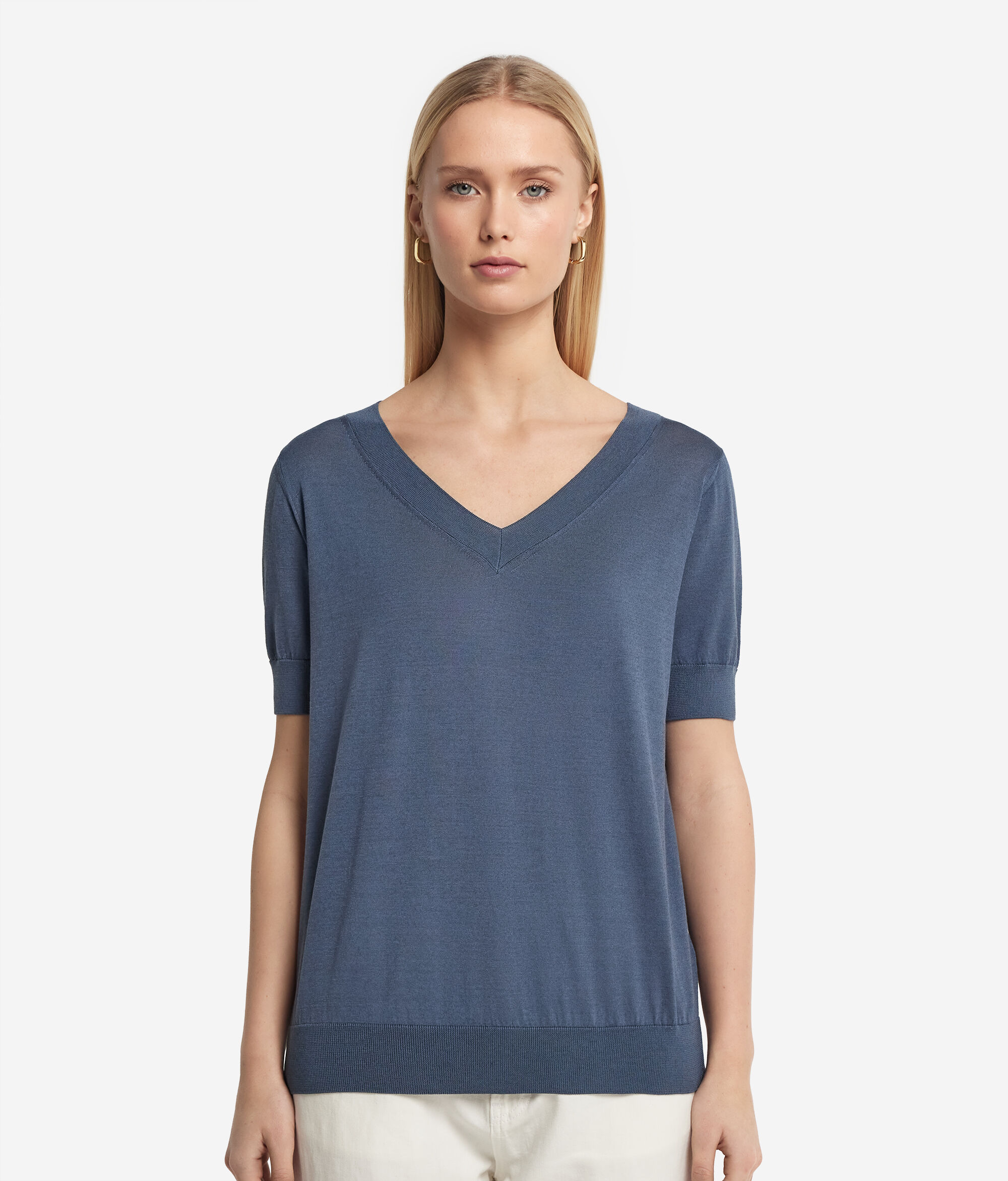 Silk and Cotton V-Neck Sweater with Short Sleeves