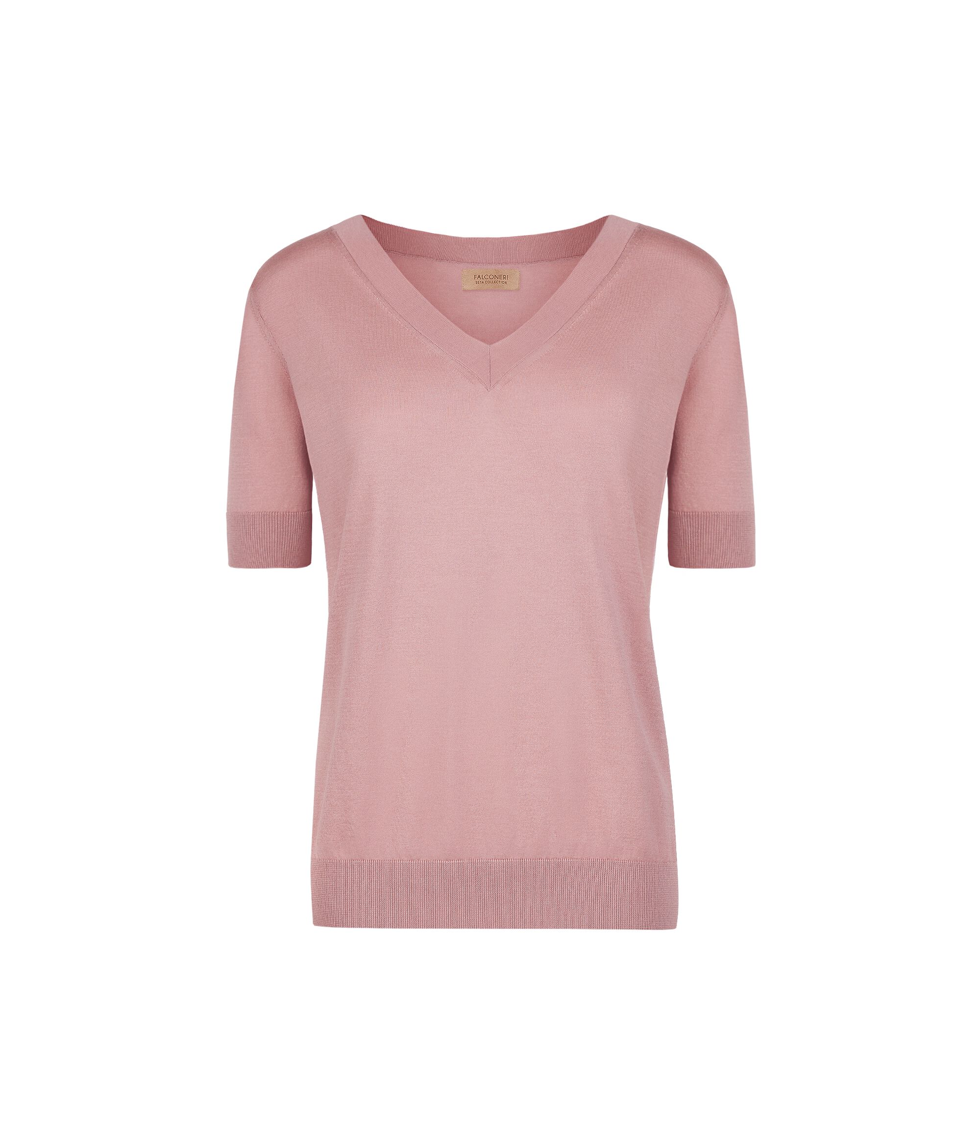 Camiseta con cuello de pico y manga corta en seda y algodón