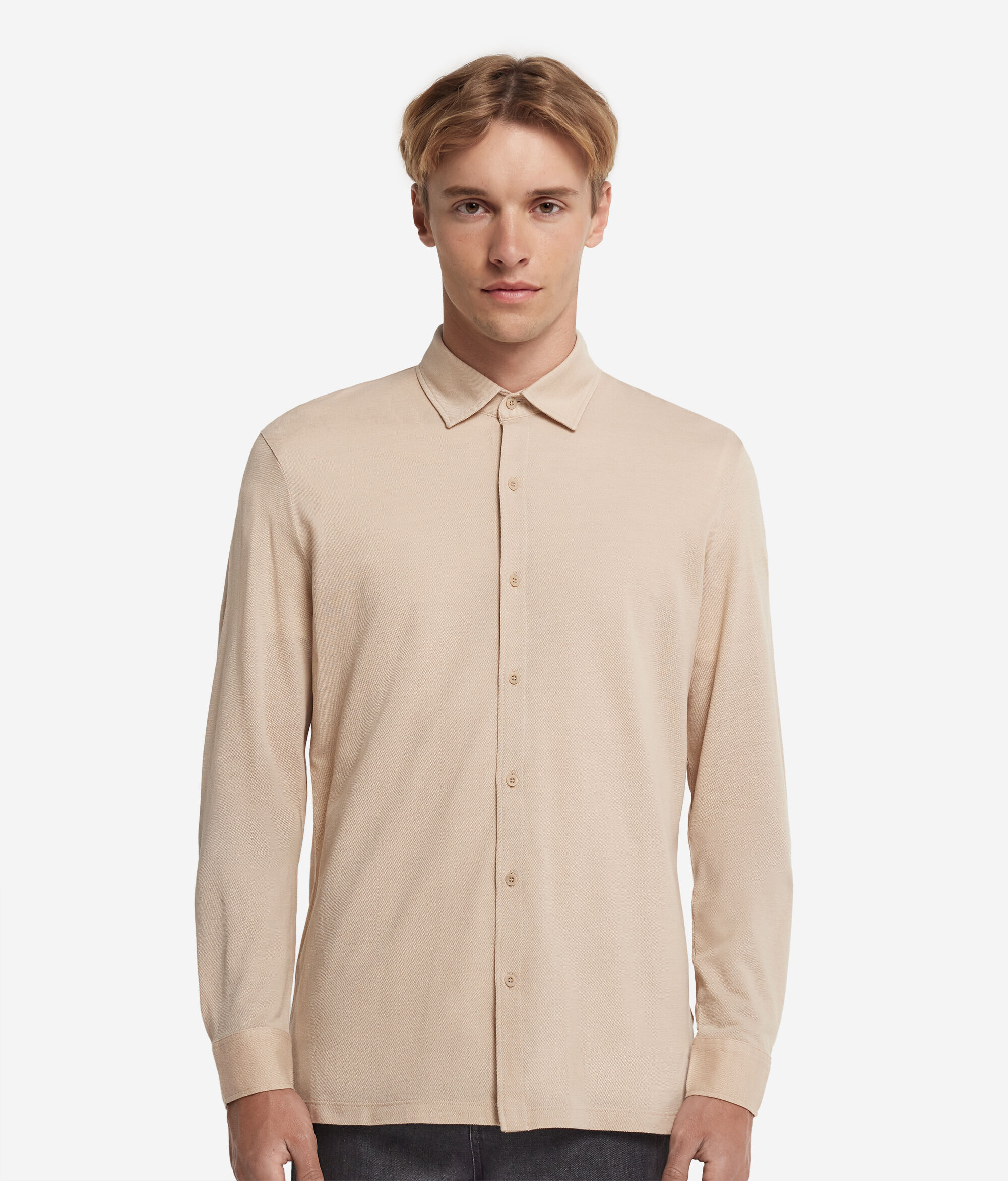 Long-Sleeved Shirt in Cotton and Silk Piqué