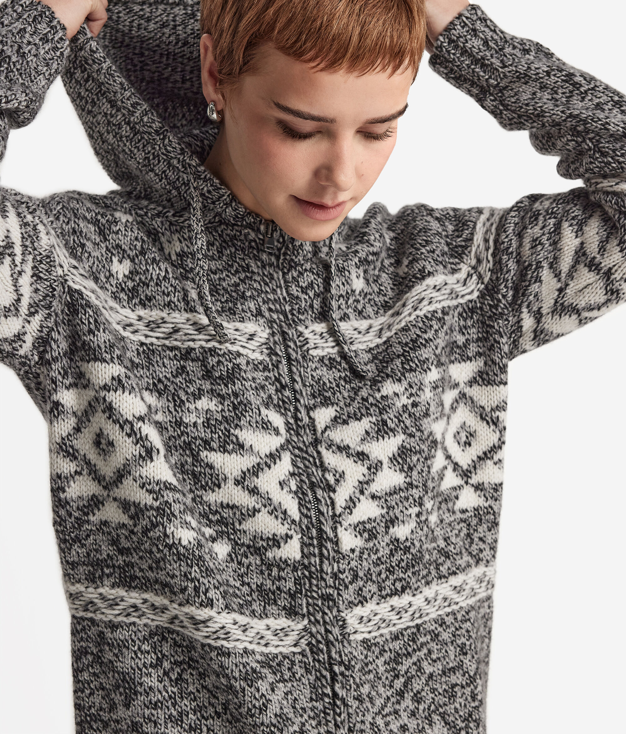 Kapuzensweatjacke aus Kaschmir Ultrasoft Moulinéstrick mit Jacquardverarbeitung