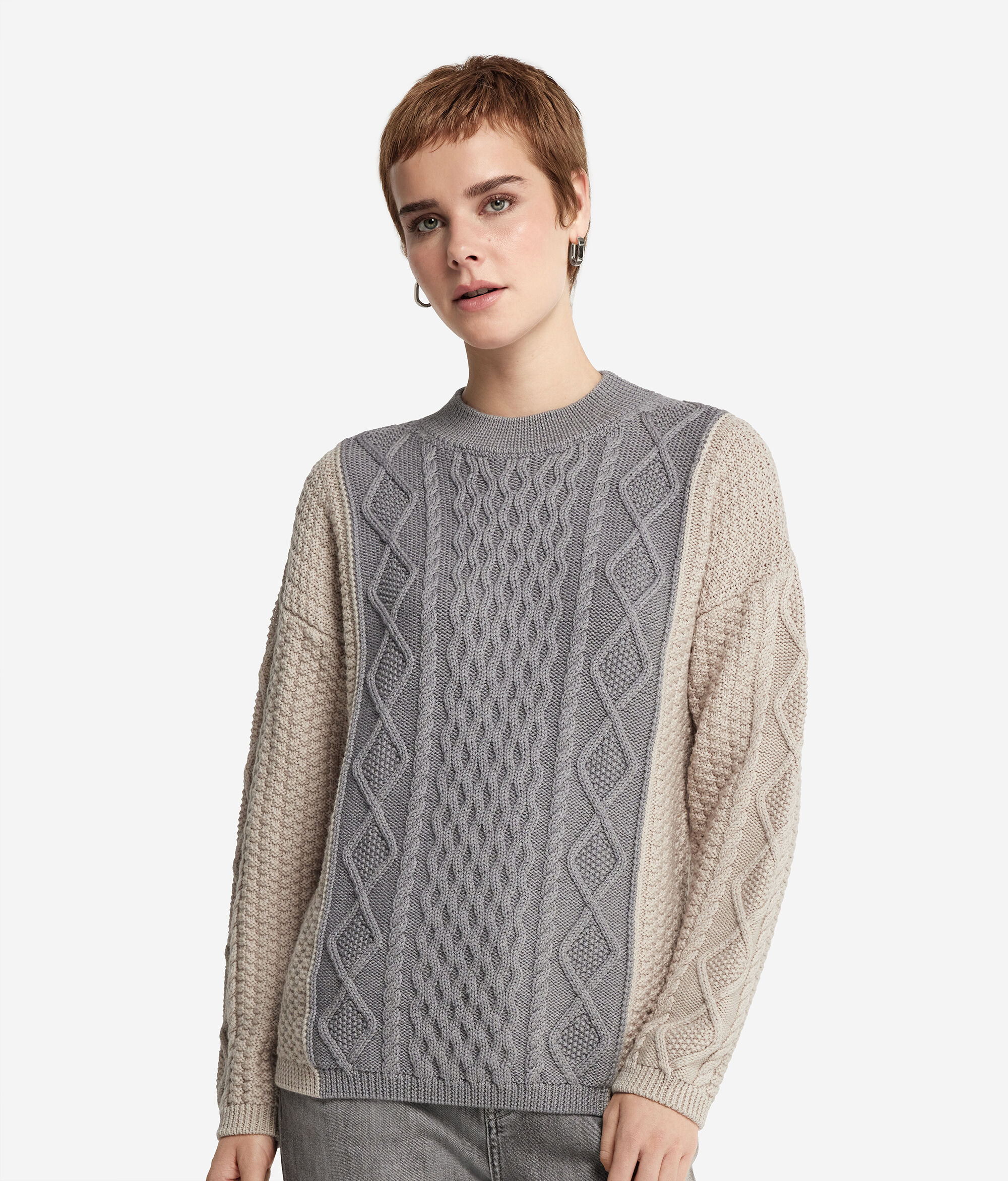 Colourblock Wool Jumper with Cable Pattern