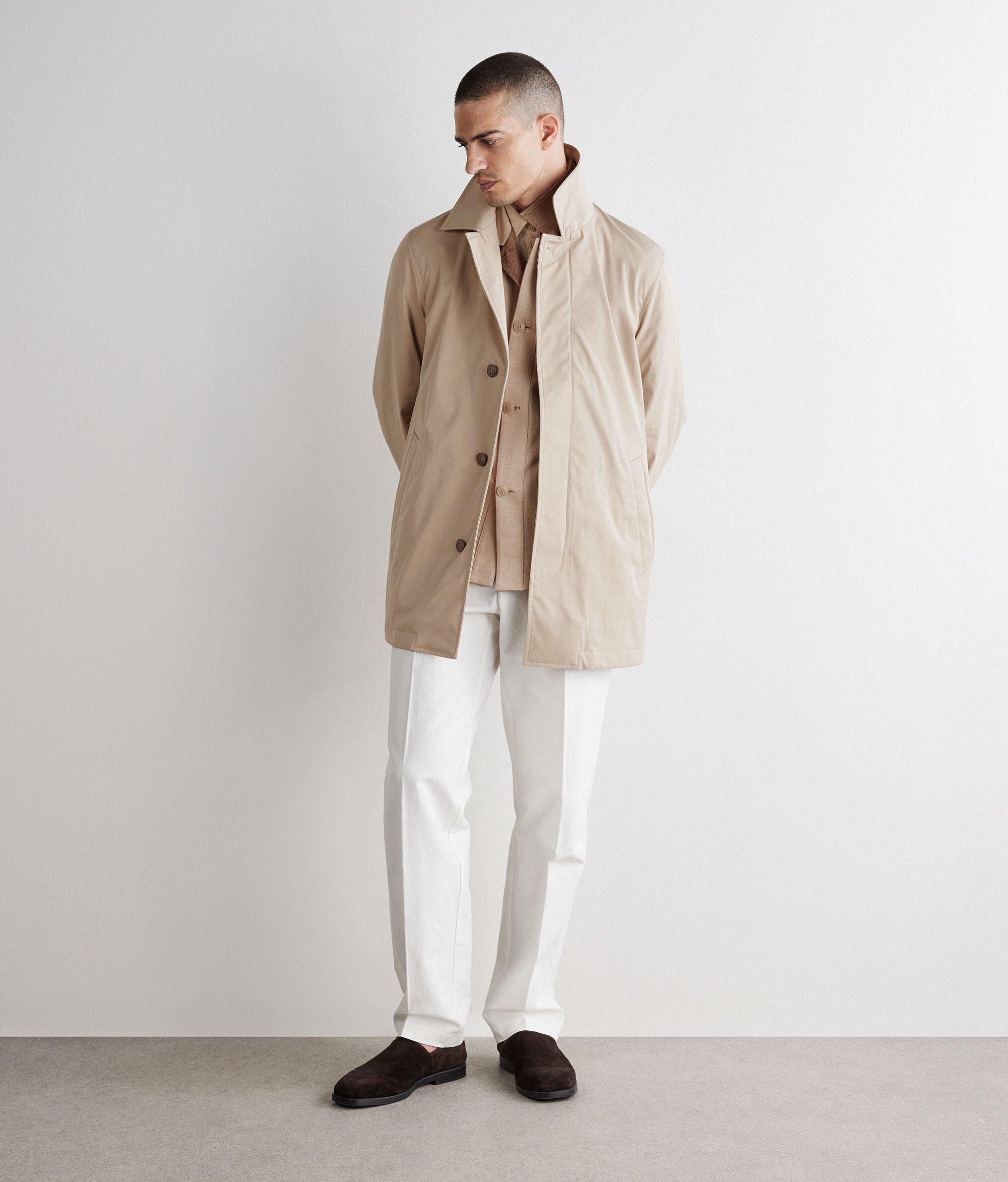 Trench tecnico in tessuto di cotone e cashmere