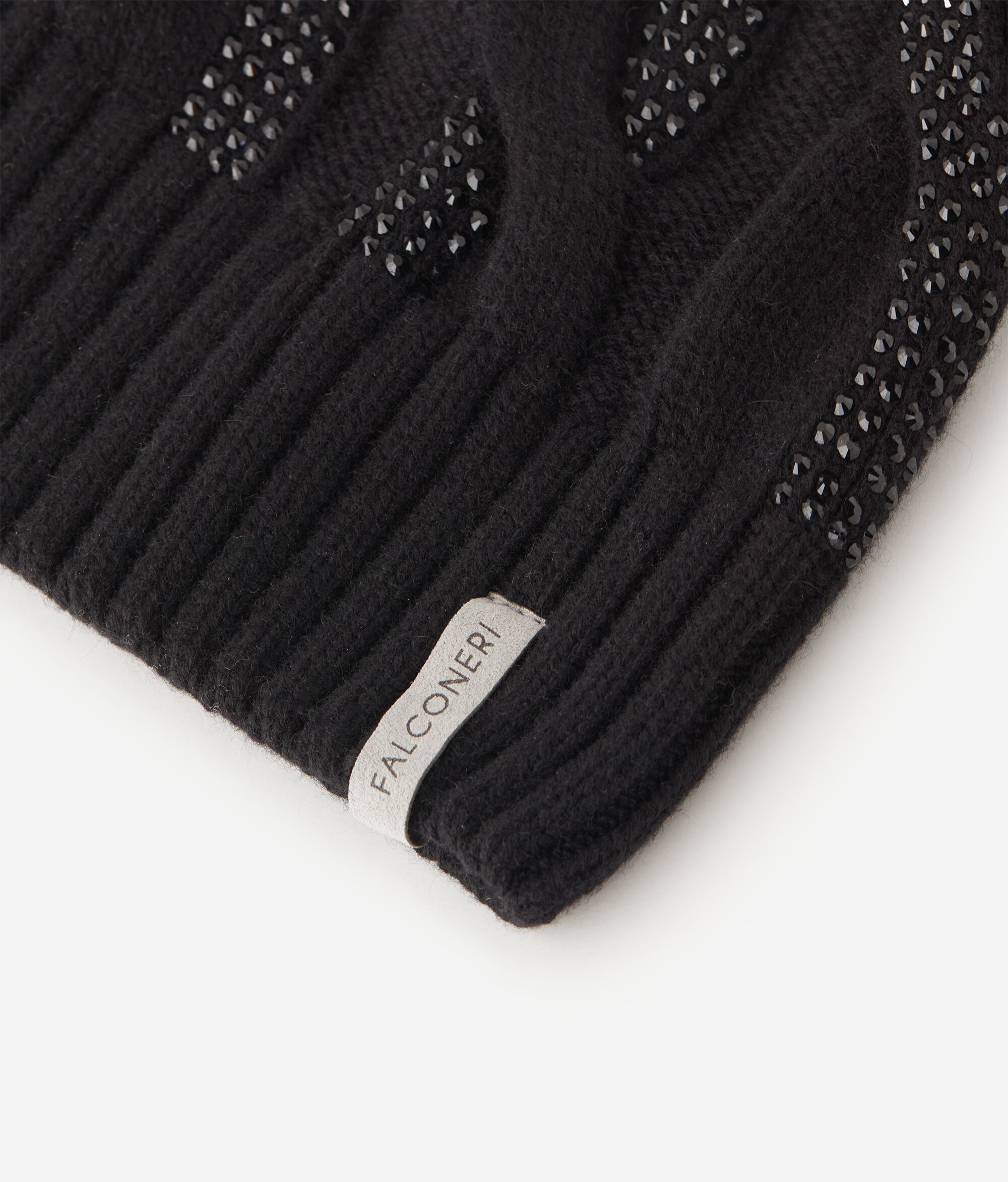 Ultrasoft Cashmere hat with cable knit and rhinestones