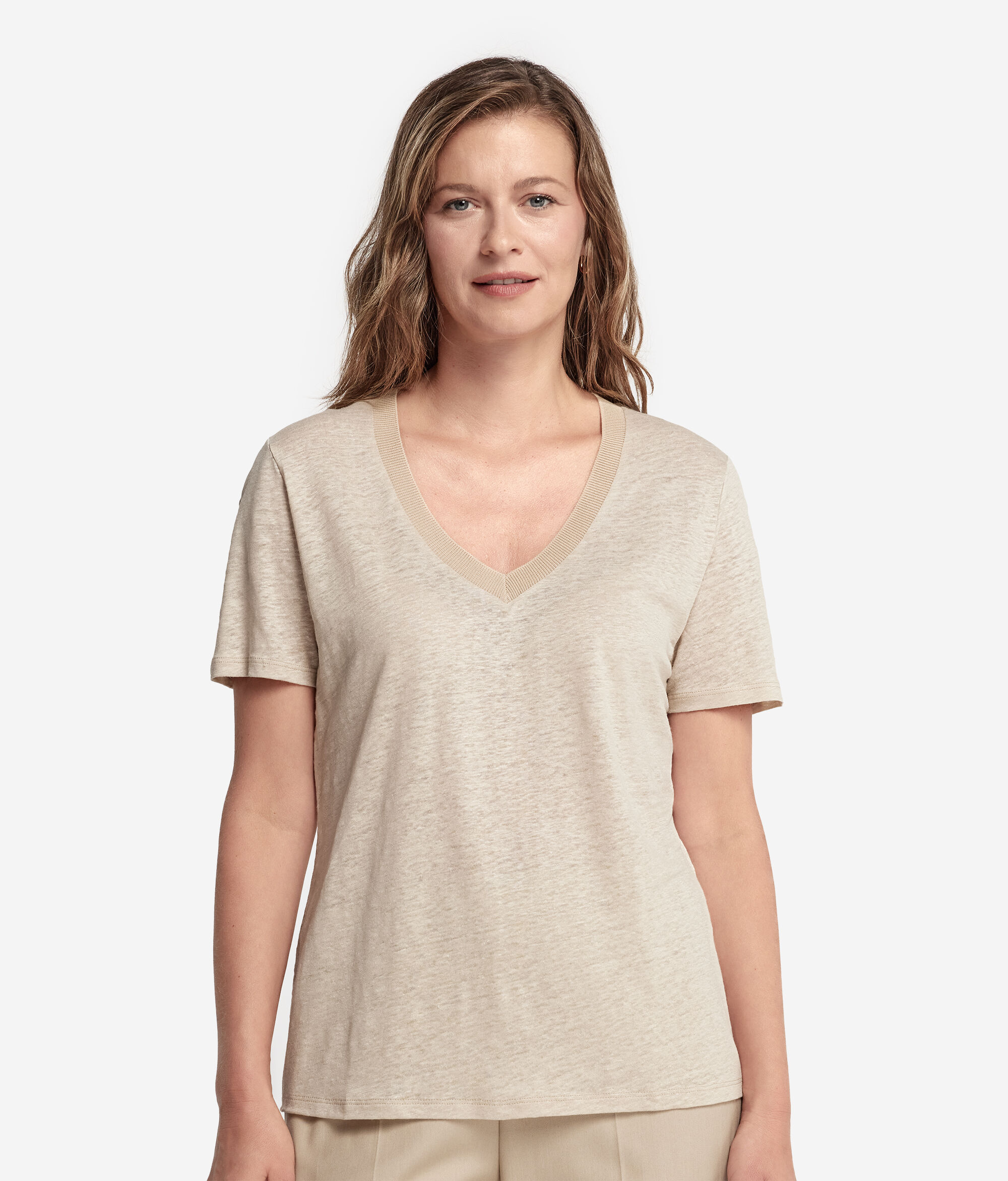 Kenarları Triko V Yakalı Keten T-shirt