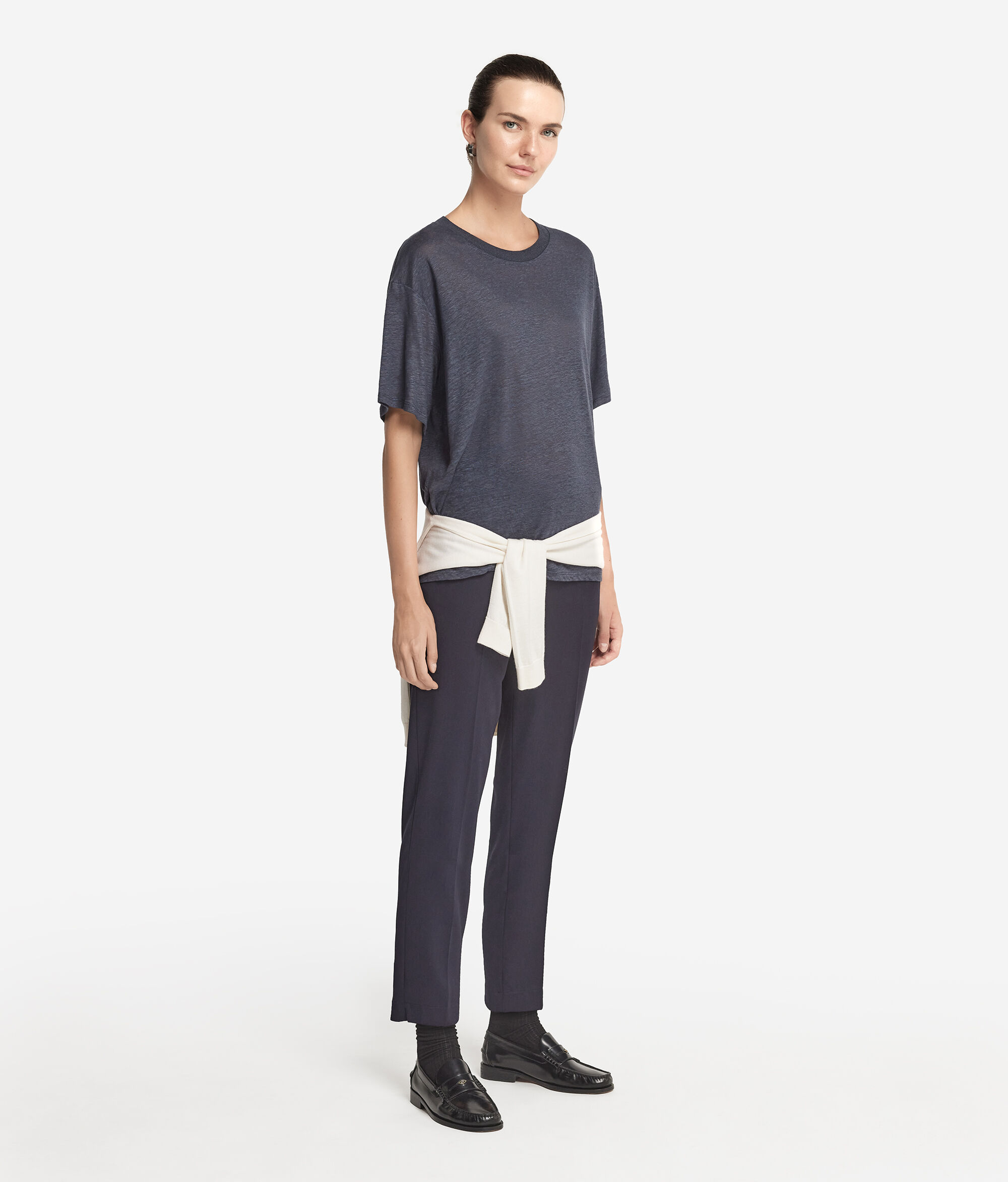 Crew-Neck Linen T-shirt with Knitted Trim