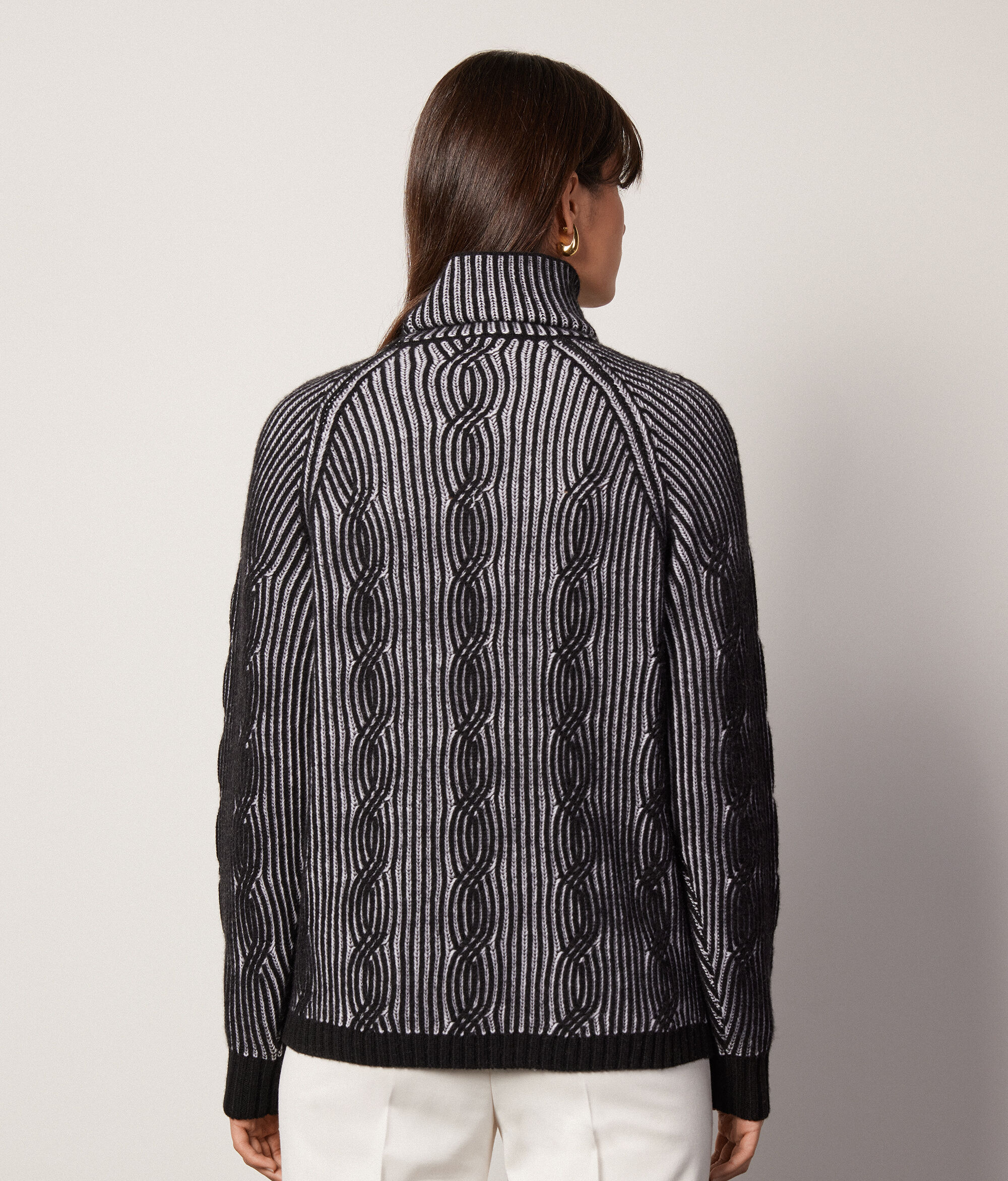 Two-Tone Ultrasoft Cashmere High-Neck Cable-Knit Jumper