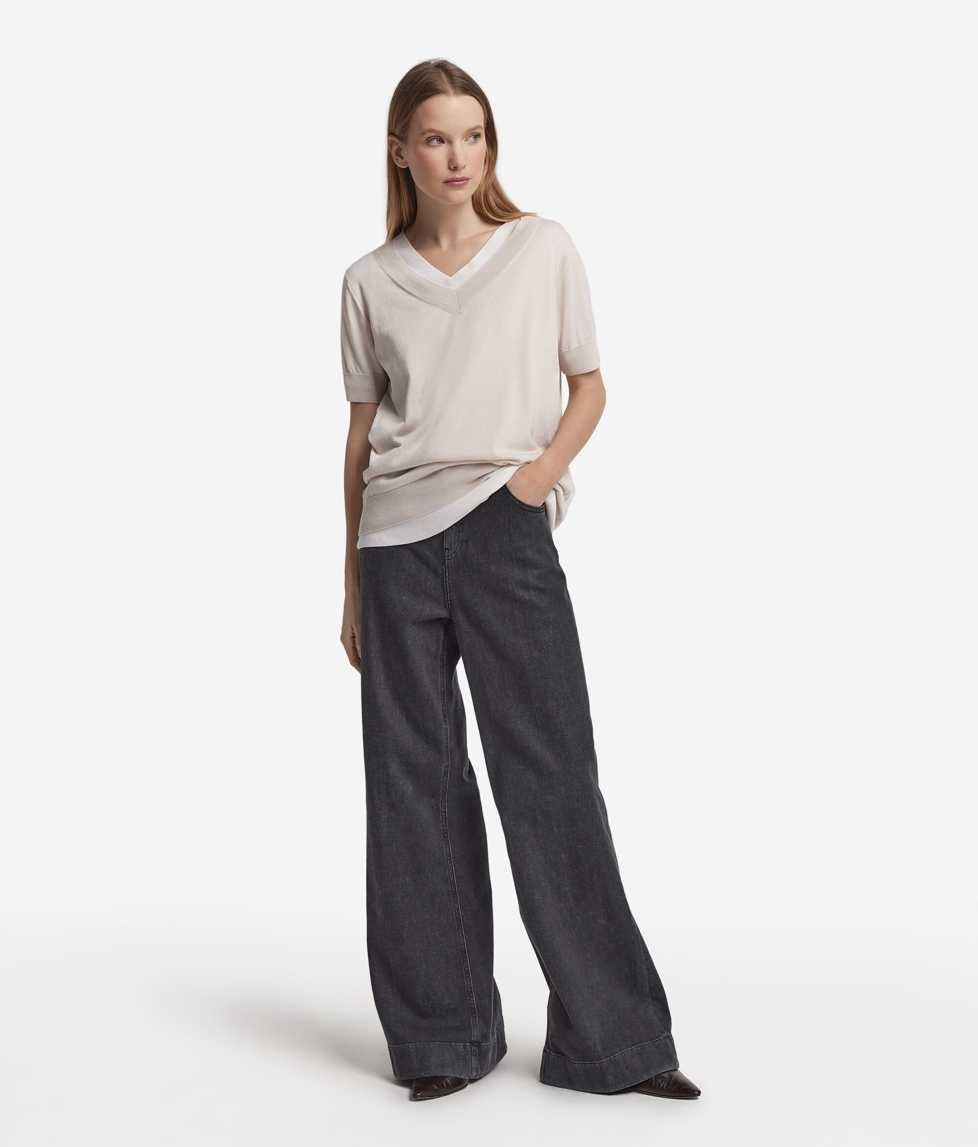 Short-Sleeved V-Neck Silk and Cotton Jumper