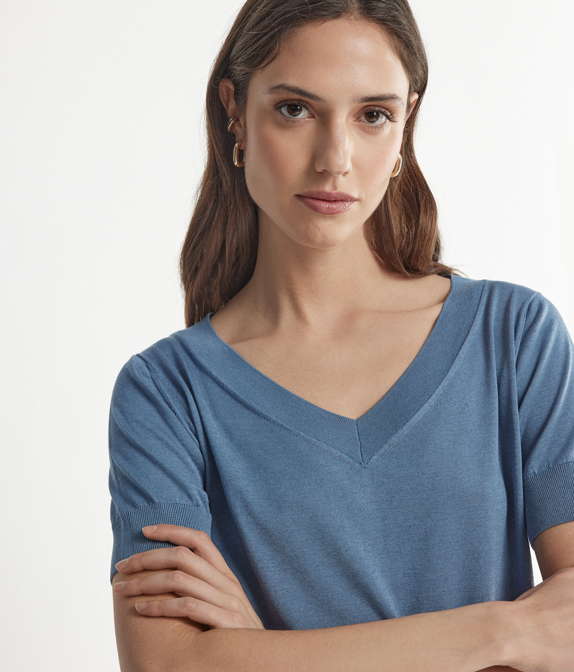Maglia con Scollo a V a Maniche Corte in Seta Cotone