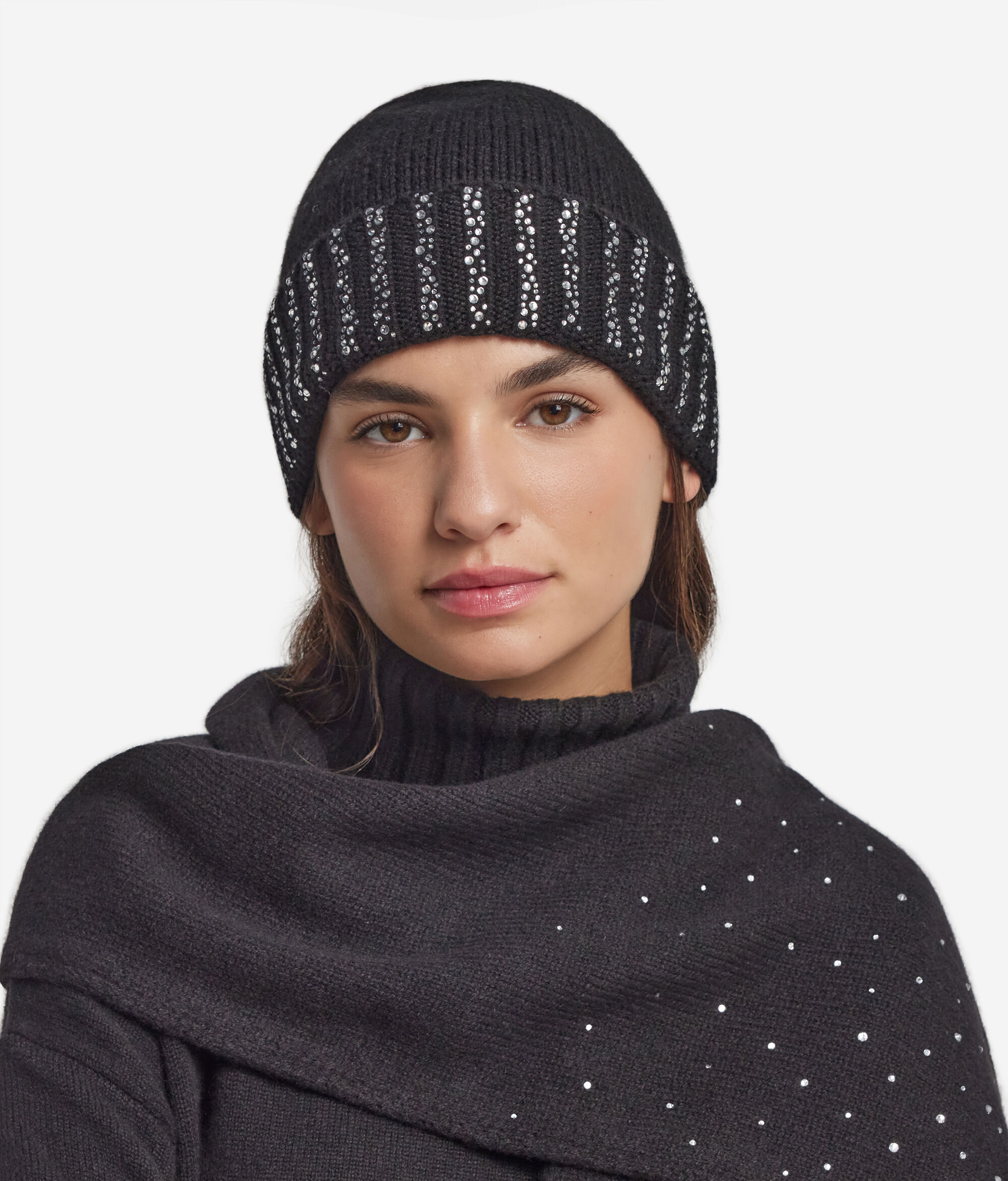 NWT Novelty Cashmere Blend Wide Brim Winter Hat With Bling!!! K/Signature rhinestone beanie | Black | Women | KARL  main image 2