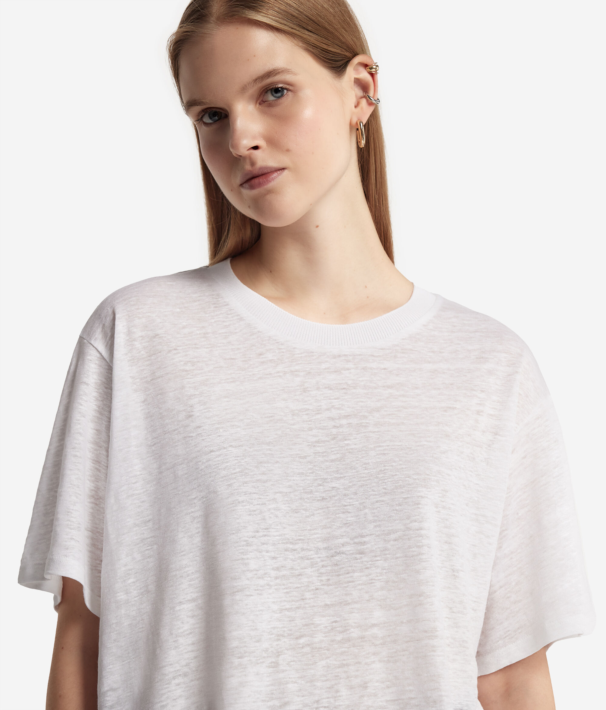 Crew-Neck Linen T-shirt with Knitted Trim