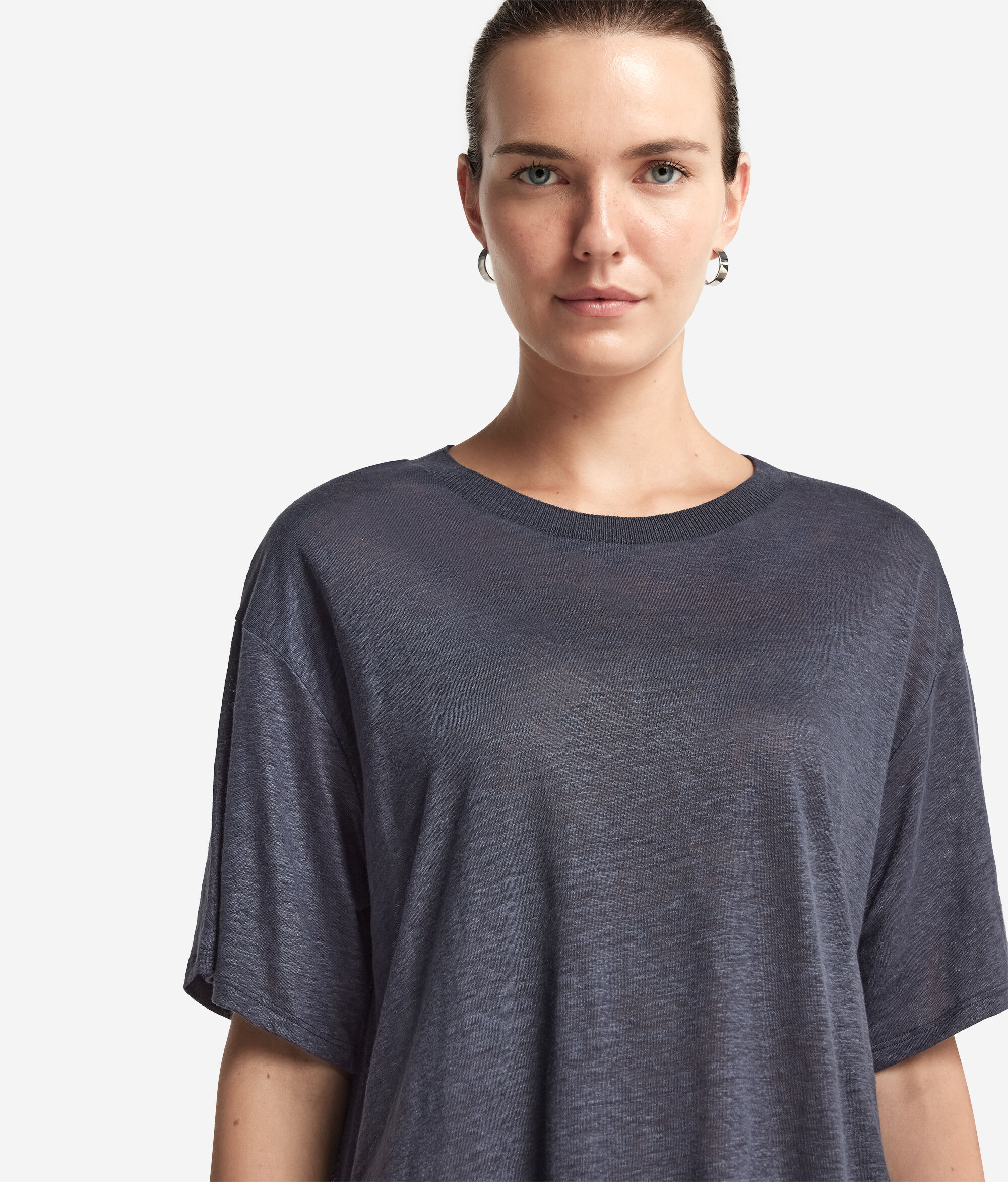 Crew-Neck Linen T-shirt with Knitted Trim