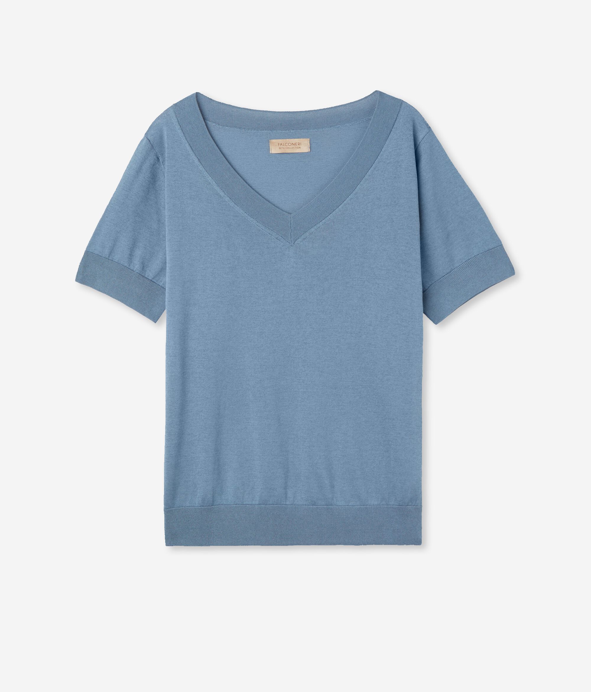 Maglia con Scollo a V a Maniche Corte in Seta Cotone