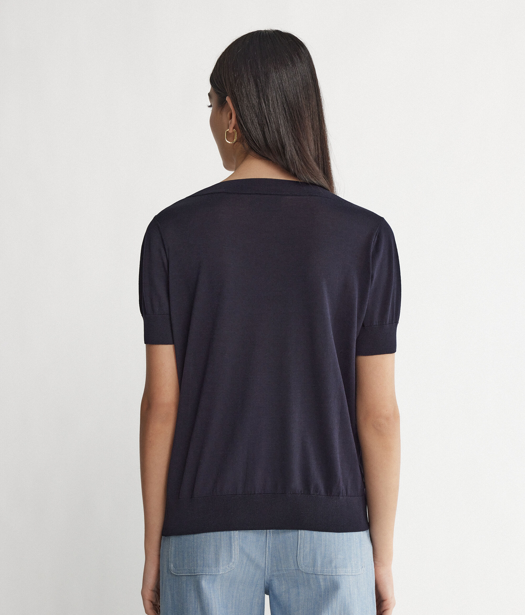 Maglia con Scollo a V a Maniche Corte in Seta Cotone