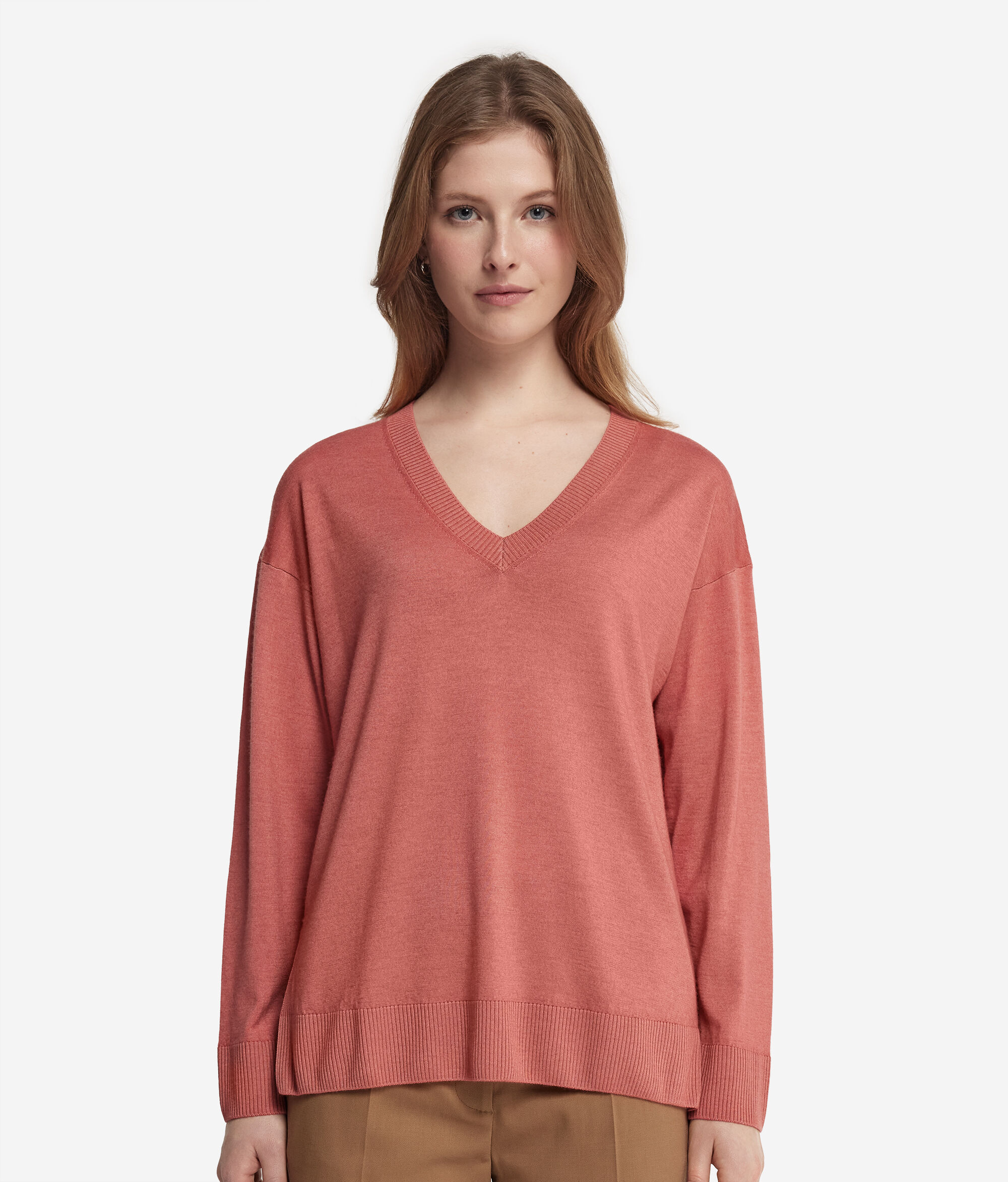 Camisola com Decote em V em Caxemira com Rachas