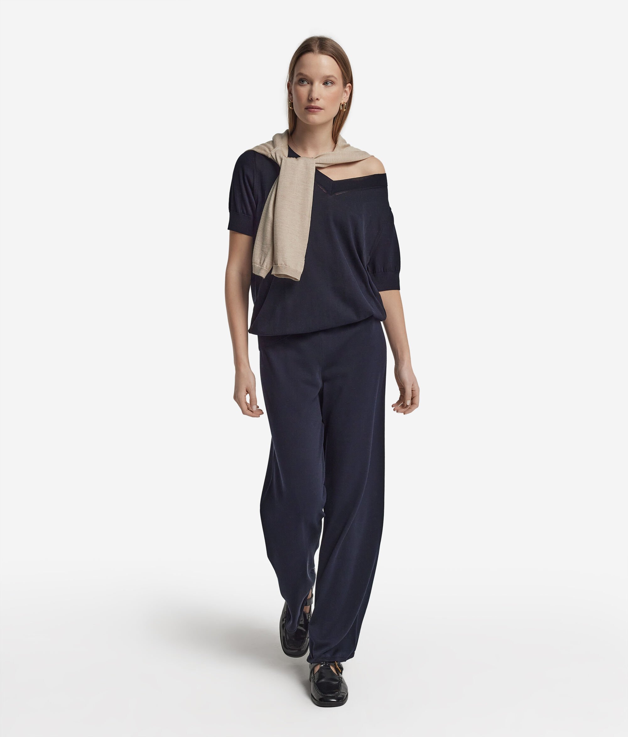 Short-Sleeved V-Neck Silk and Cotton Jumper