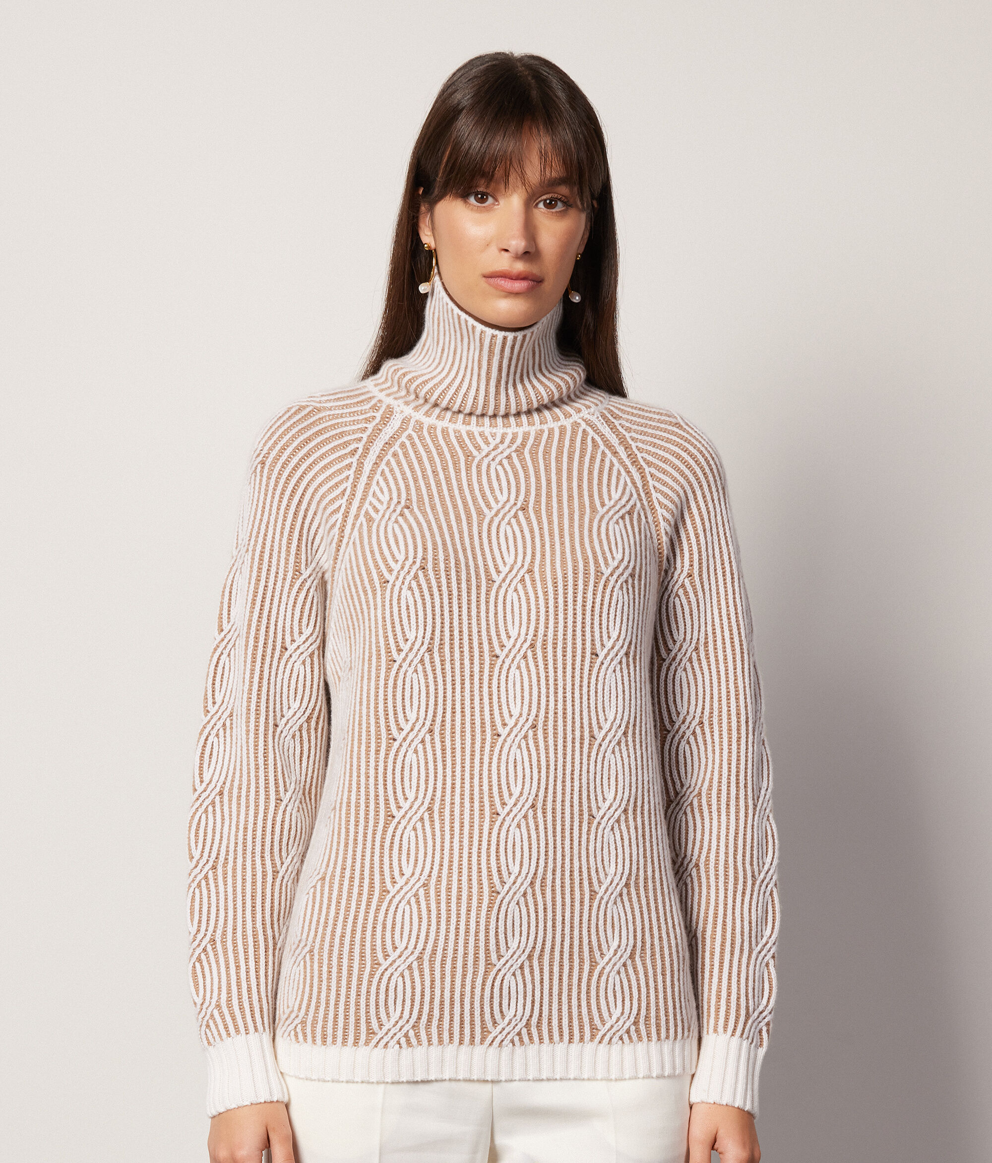 Two-Tone Ultrasoft Cashmere High-Neck Cable-Knit Jumper