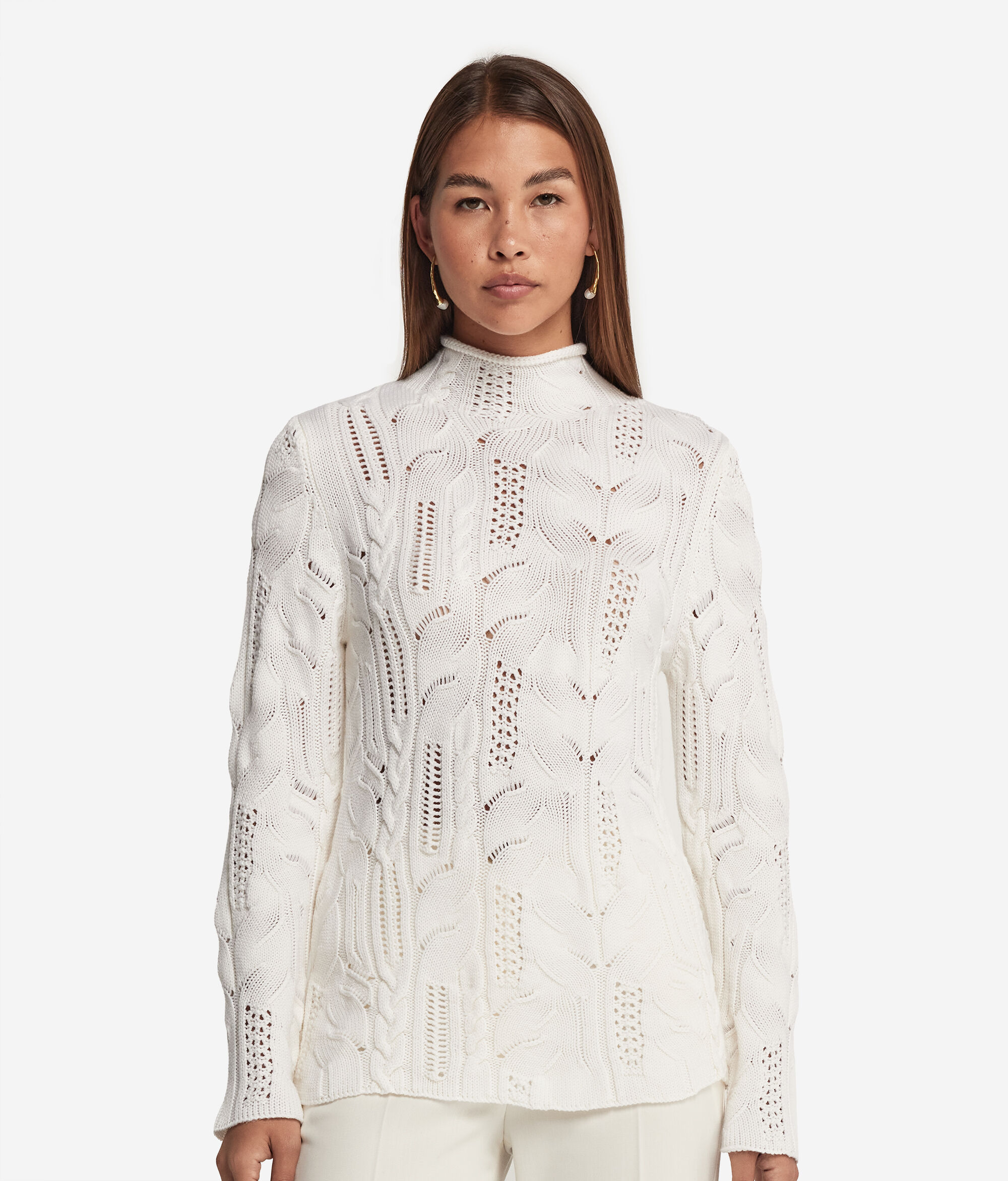 Wool Raised Collar Jumper with Cable Pattern and Lace