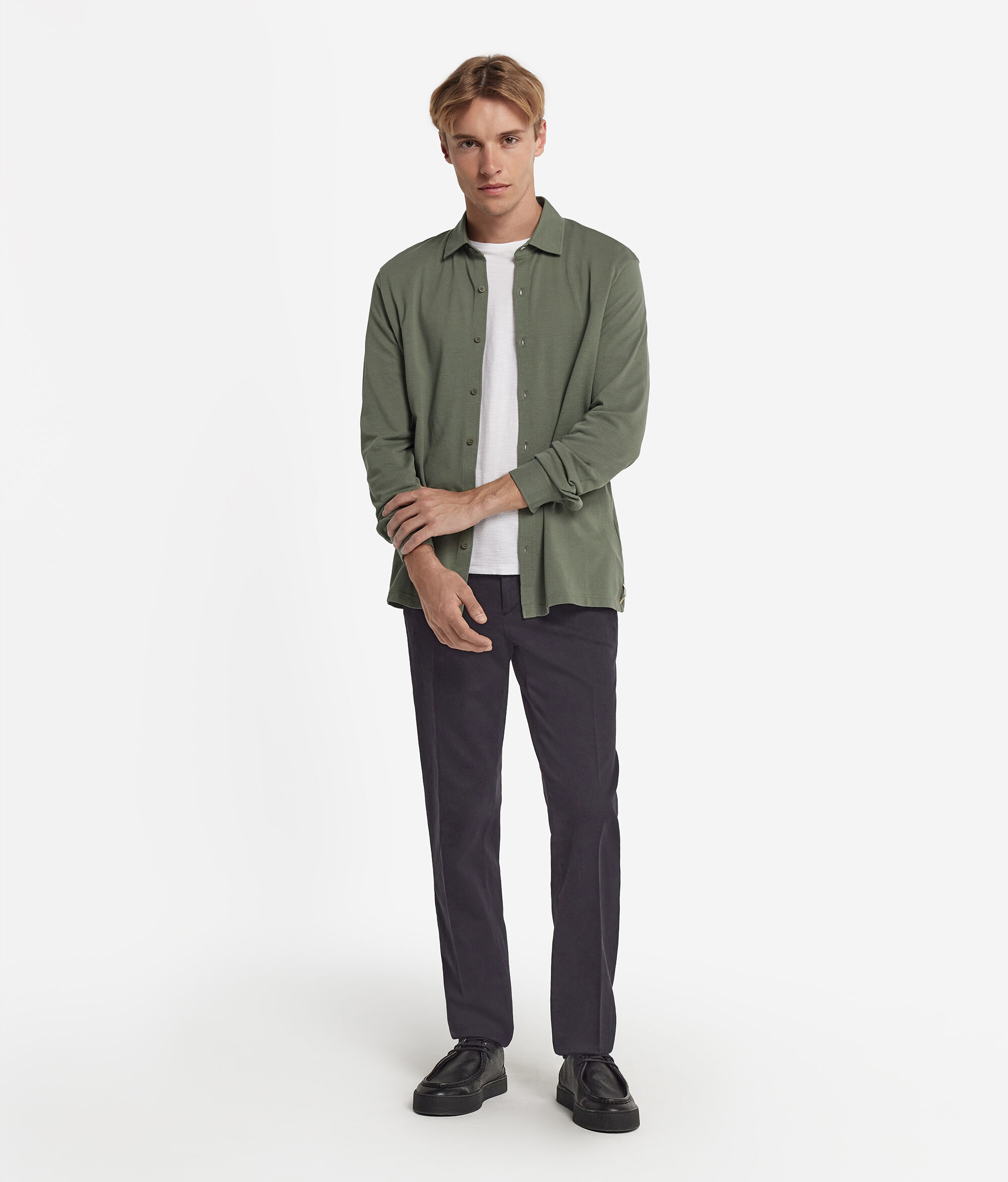 Long-Sleeved Shirt in Cotton and Silk Piqué