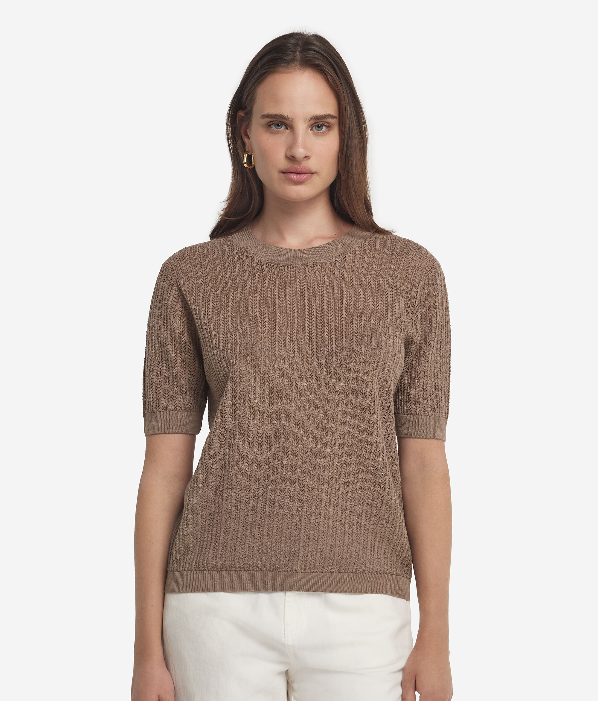 Cotton Crewneck T-Shirt with Fretted Ribbing