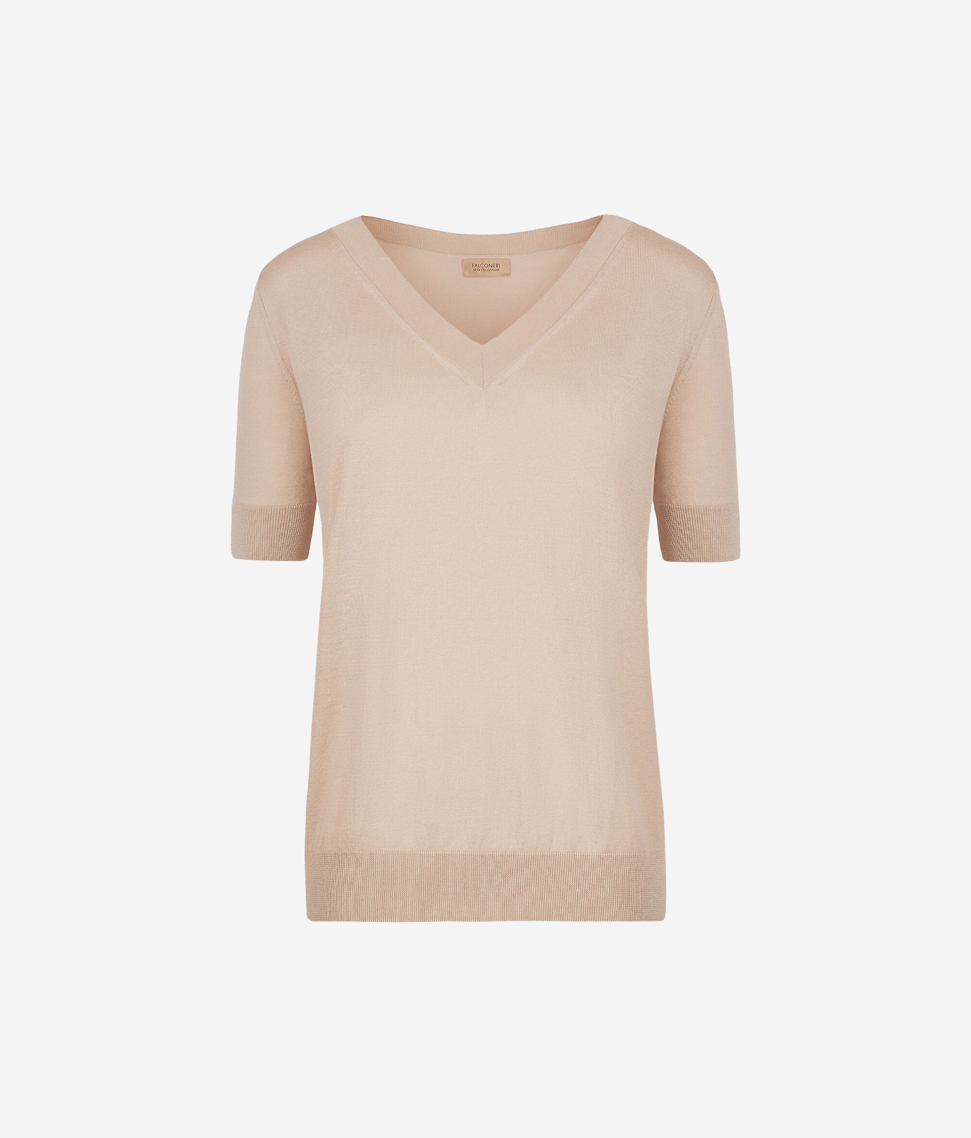 Short-Sleeved V-Neck Silk and Cotton Jumper