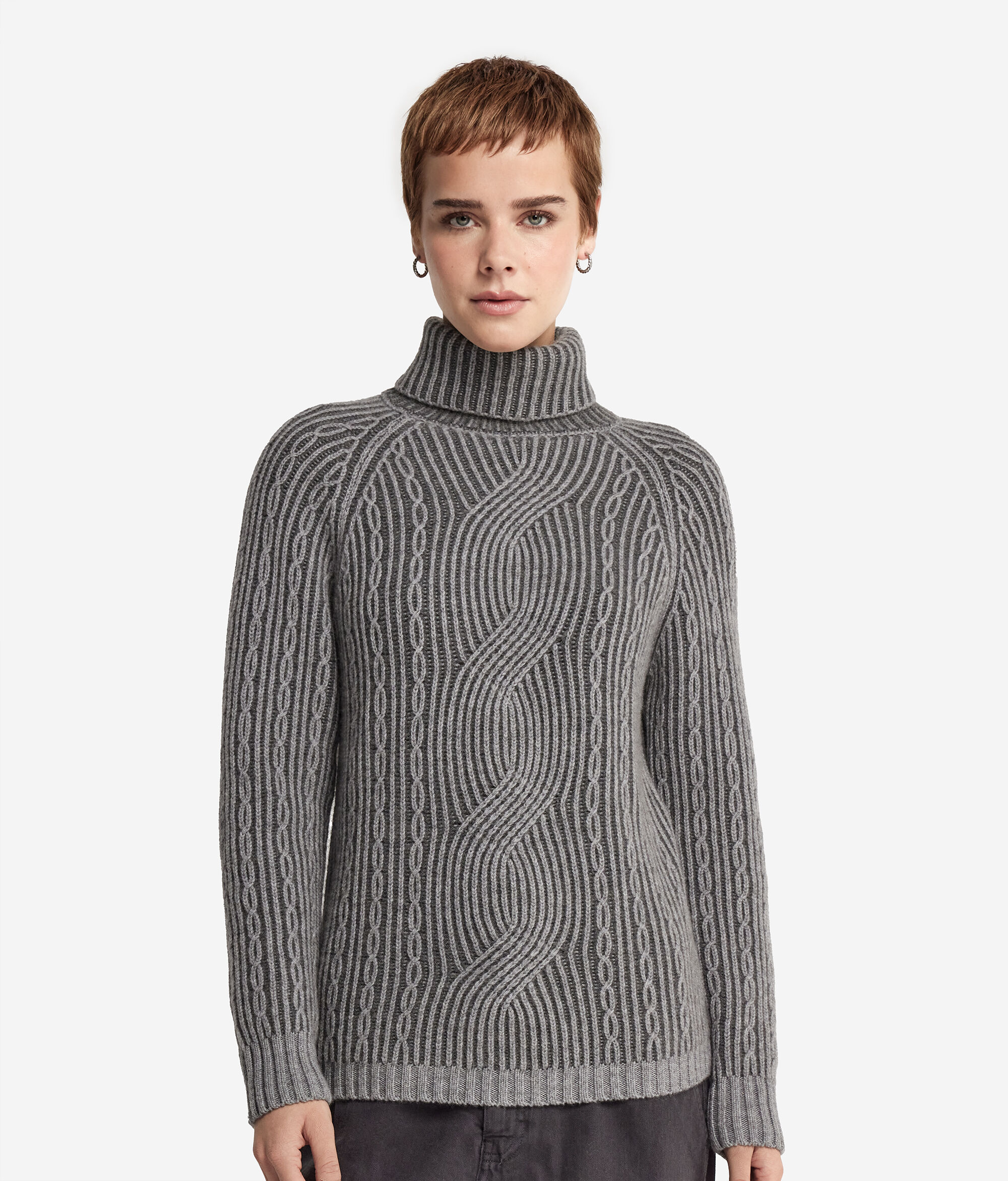 Pull à col montant et torsades bicolore en cachemire ultra-doux