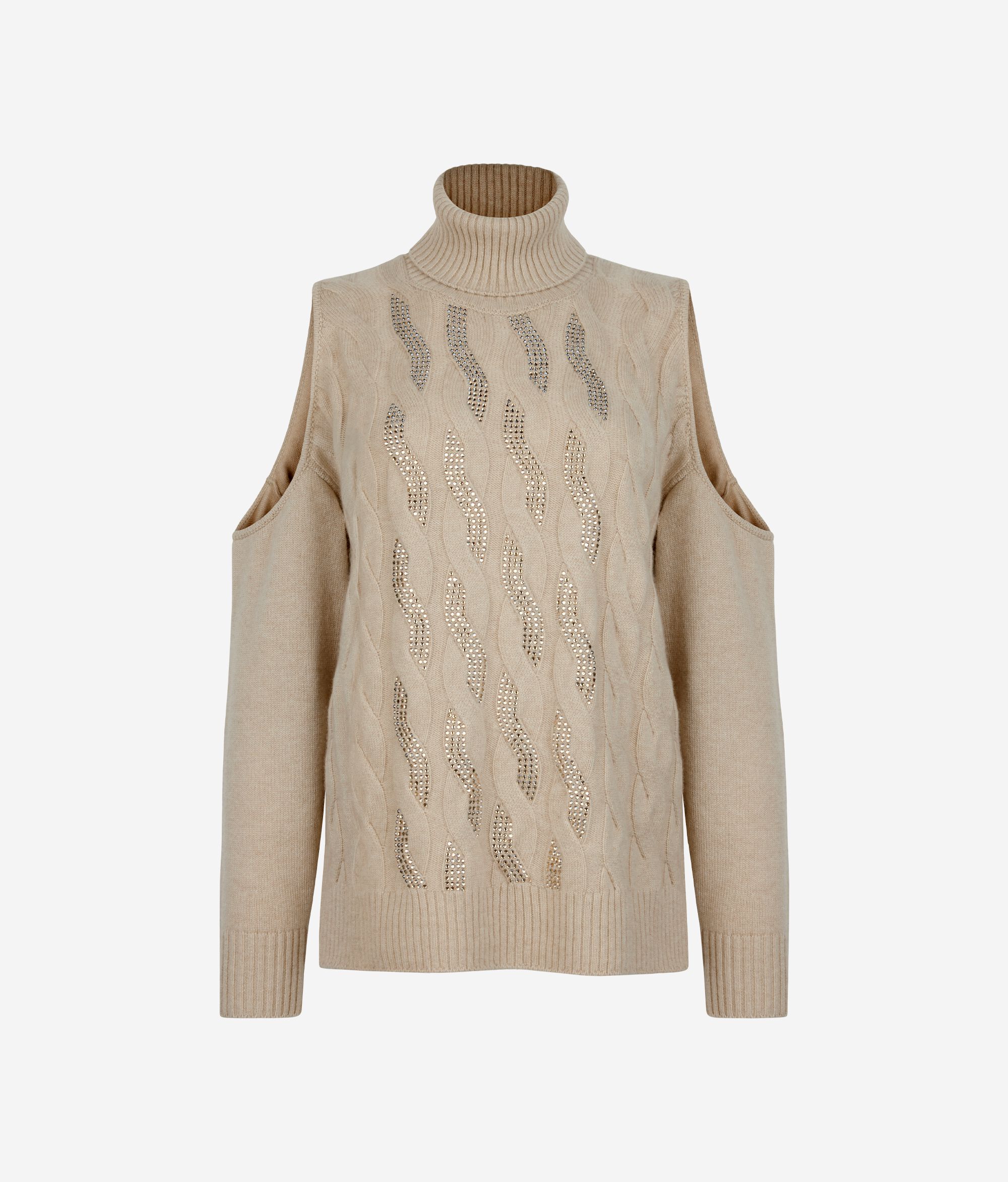 Pullover mit Cut-out aus Kaschmir Ultrasoft mit Zopfmuster und Strass