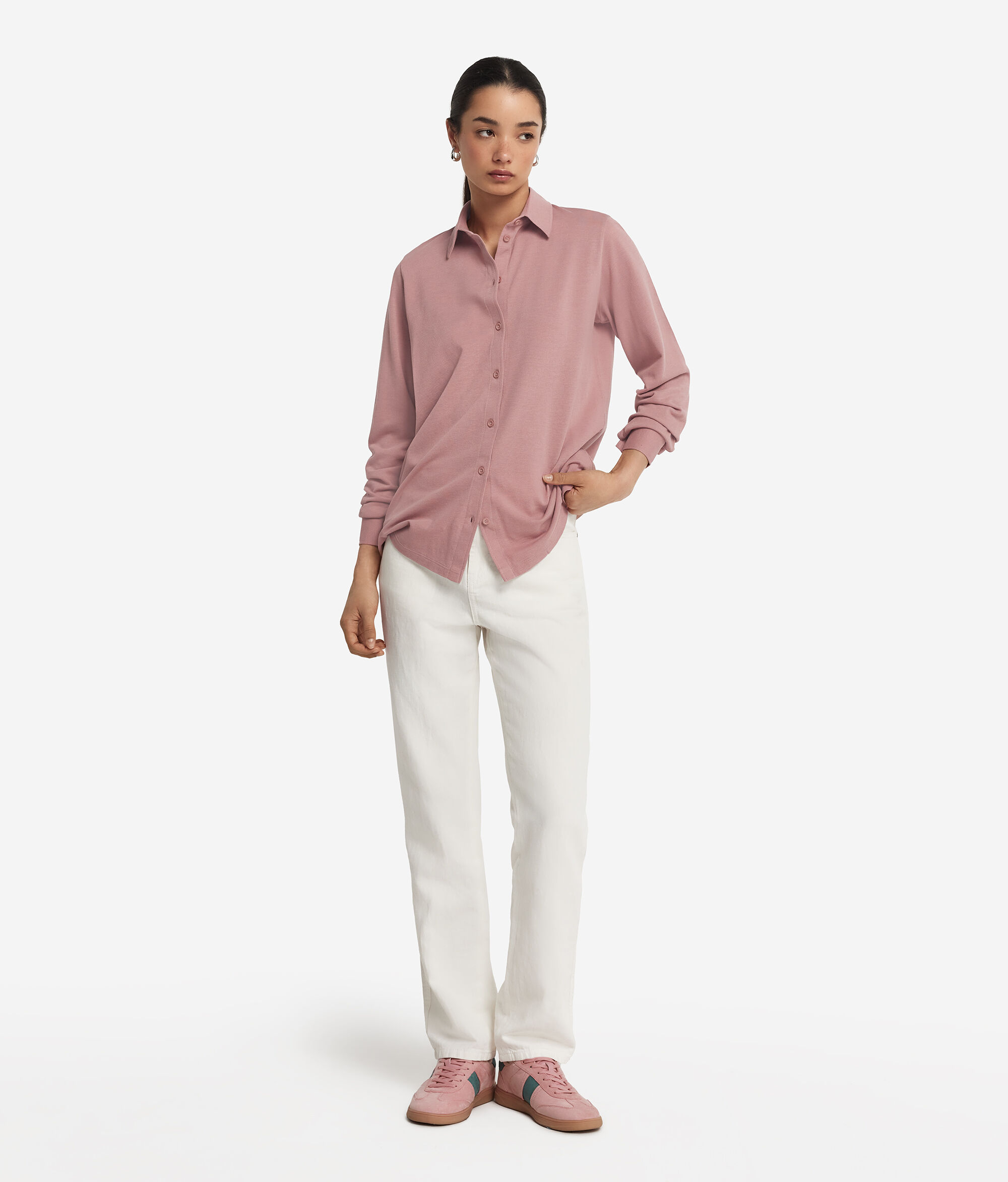 Long-Sleeved Shirt in Cotton and Silk Piqué