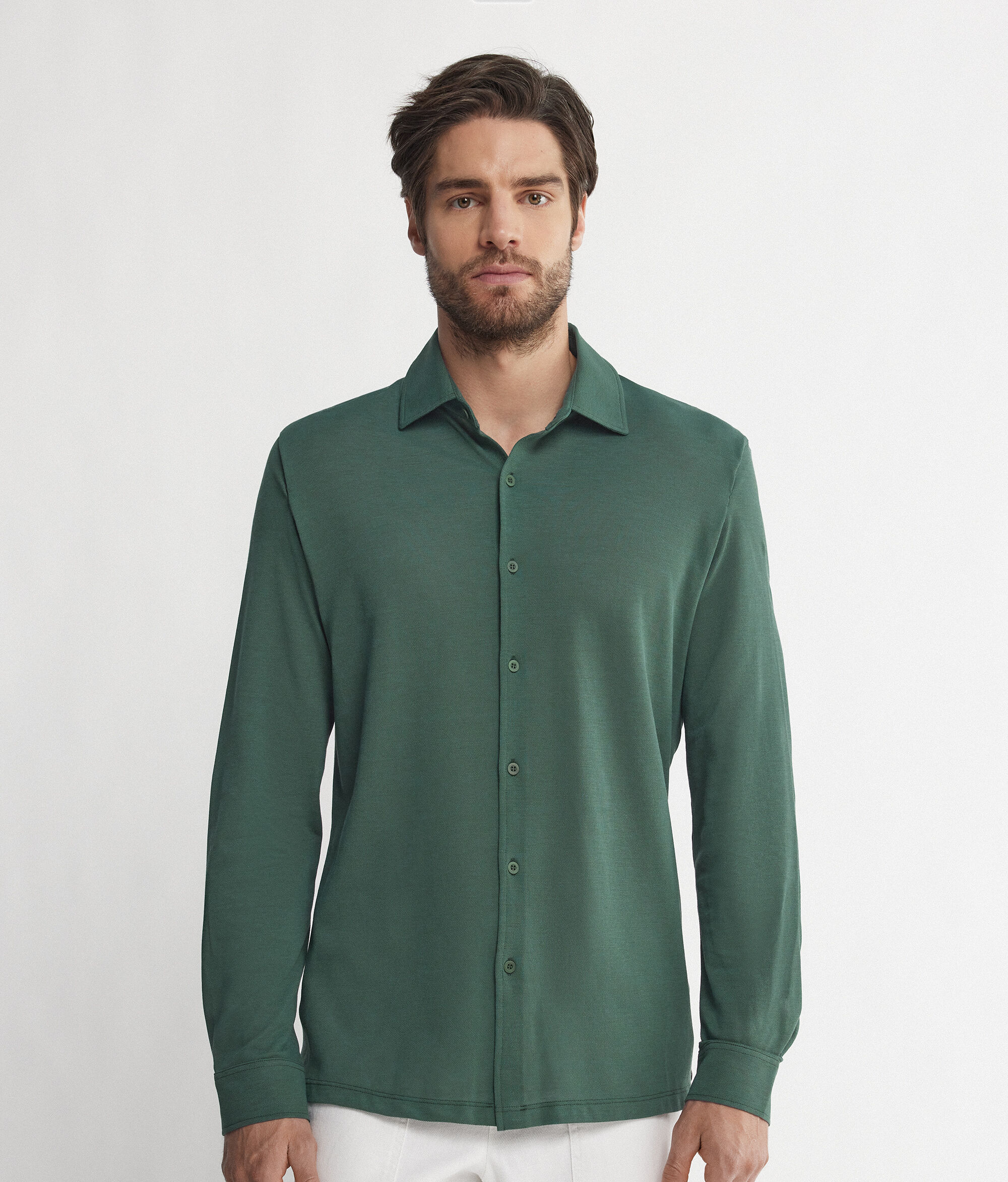 Cotton and Silk Piqué Shirt with Long Sleeves