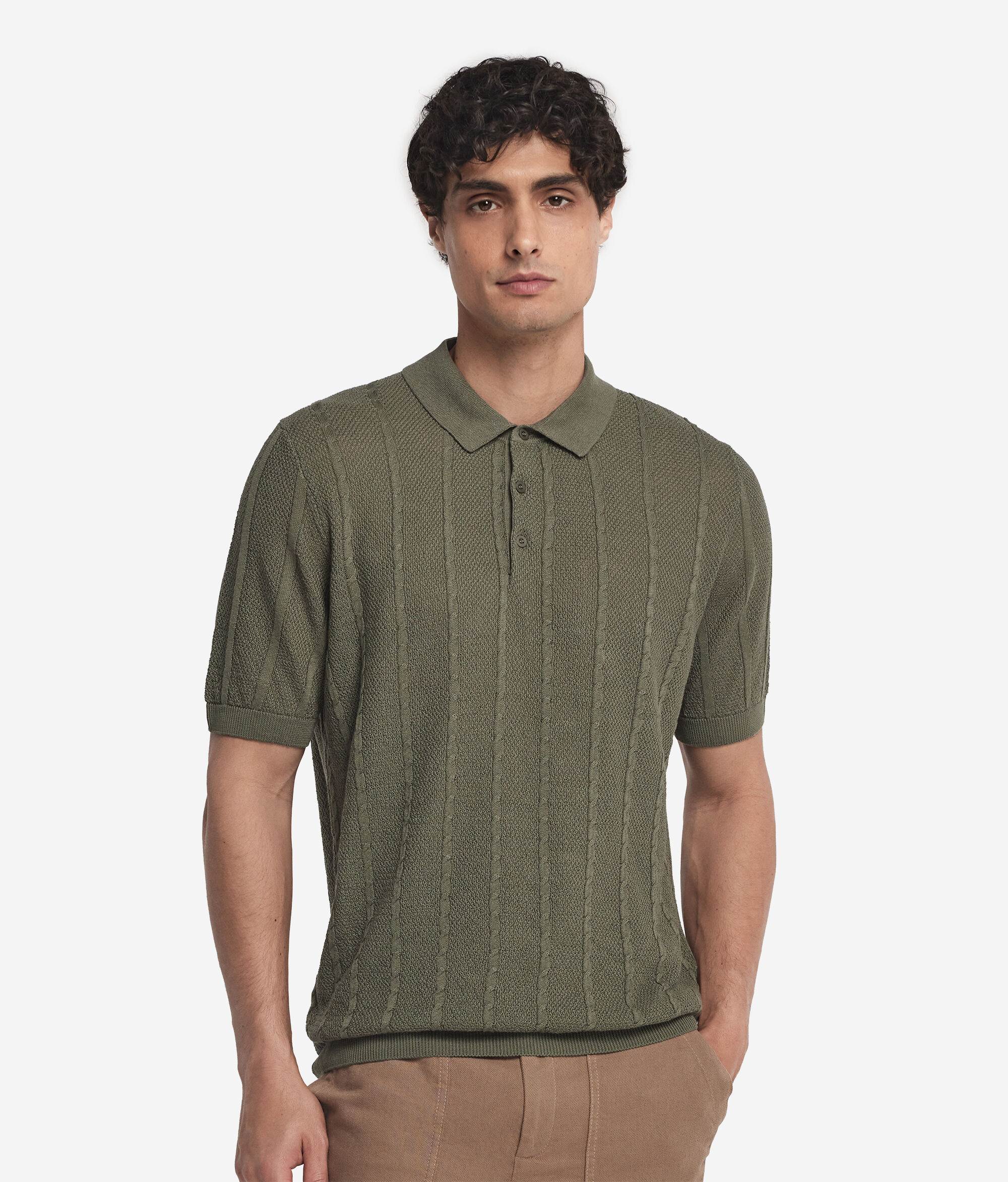 Short-Sleeved Cable-Knit Knot-Stitch Polo Shirt