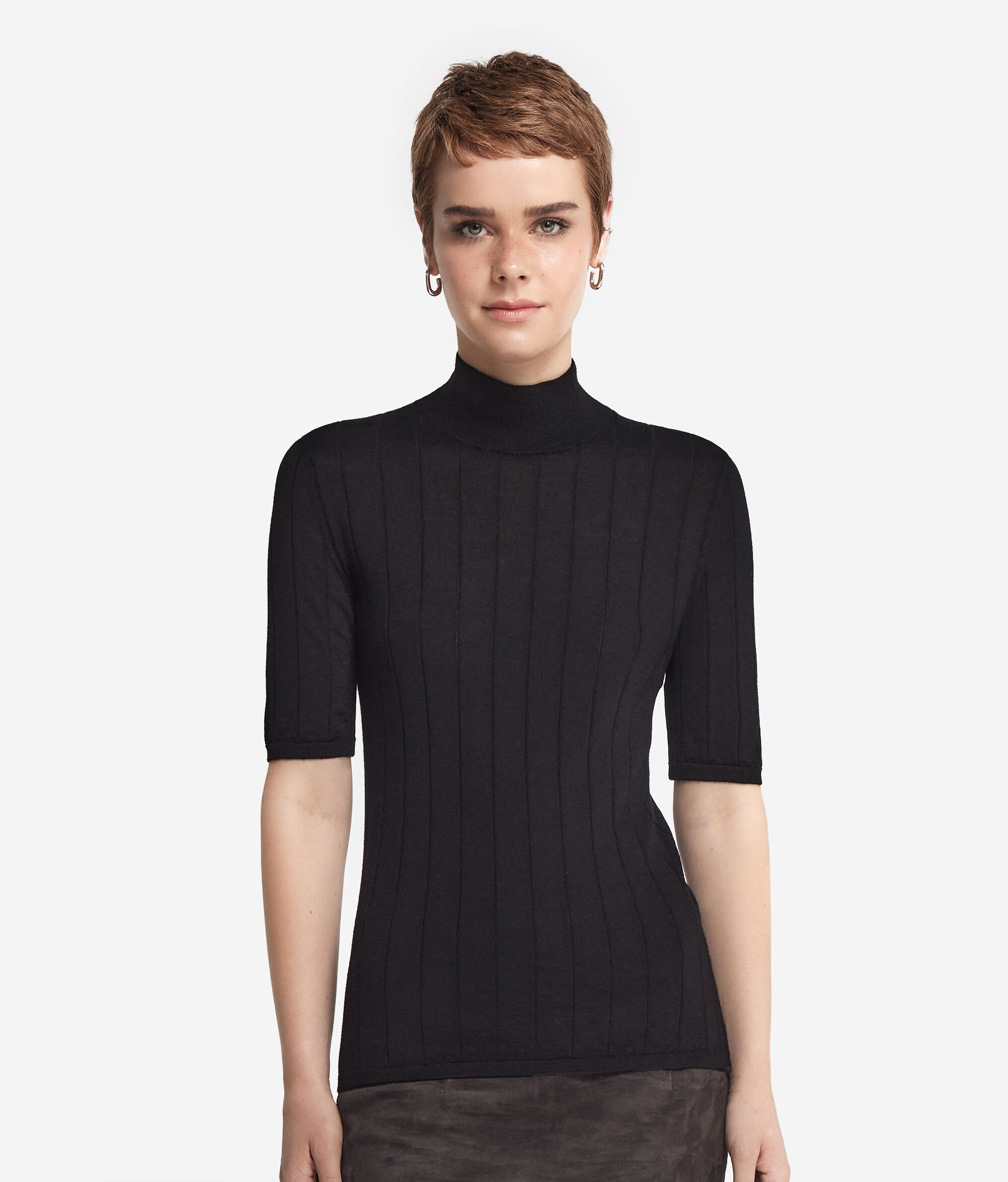 Джемпер с коротким рукавом из ультратонкого кашемира в рубчик