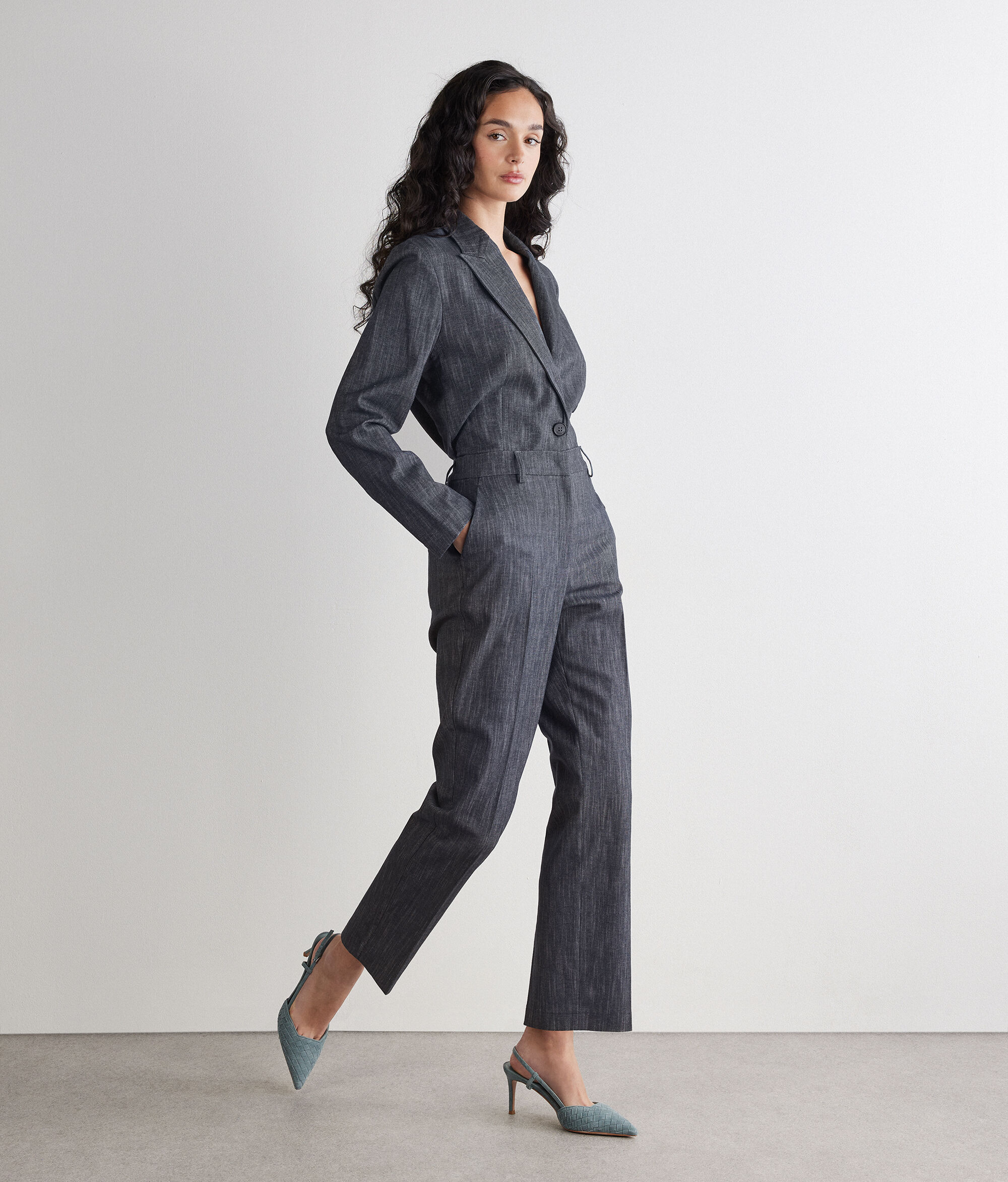 Pantalón pitillo de algodón flameado efecto denim