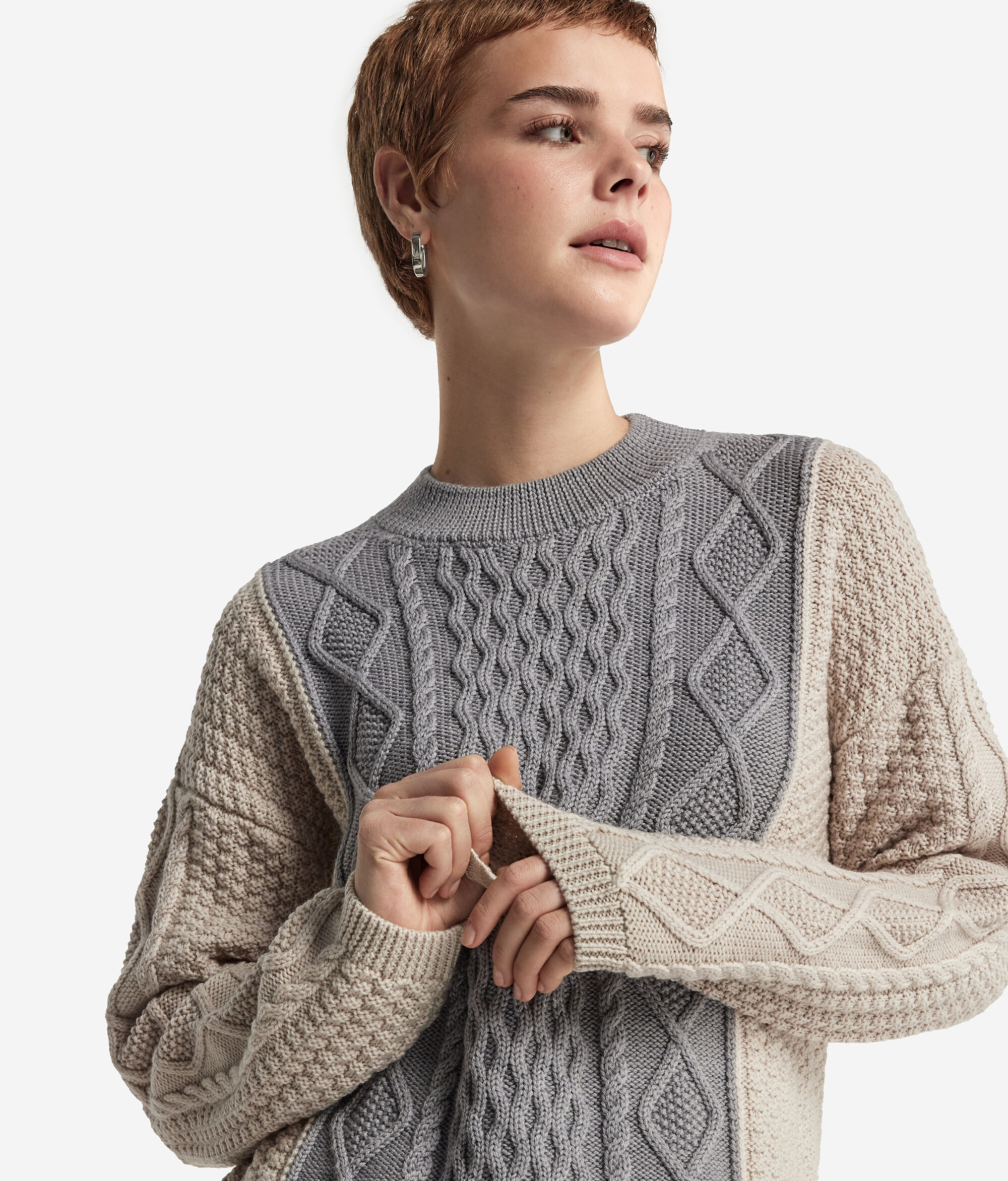 Colourblock Wool Jumper with Cable Pattern