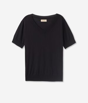 Short-Sleeved V-Neck Silk and Cotton Jumper