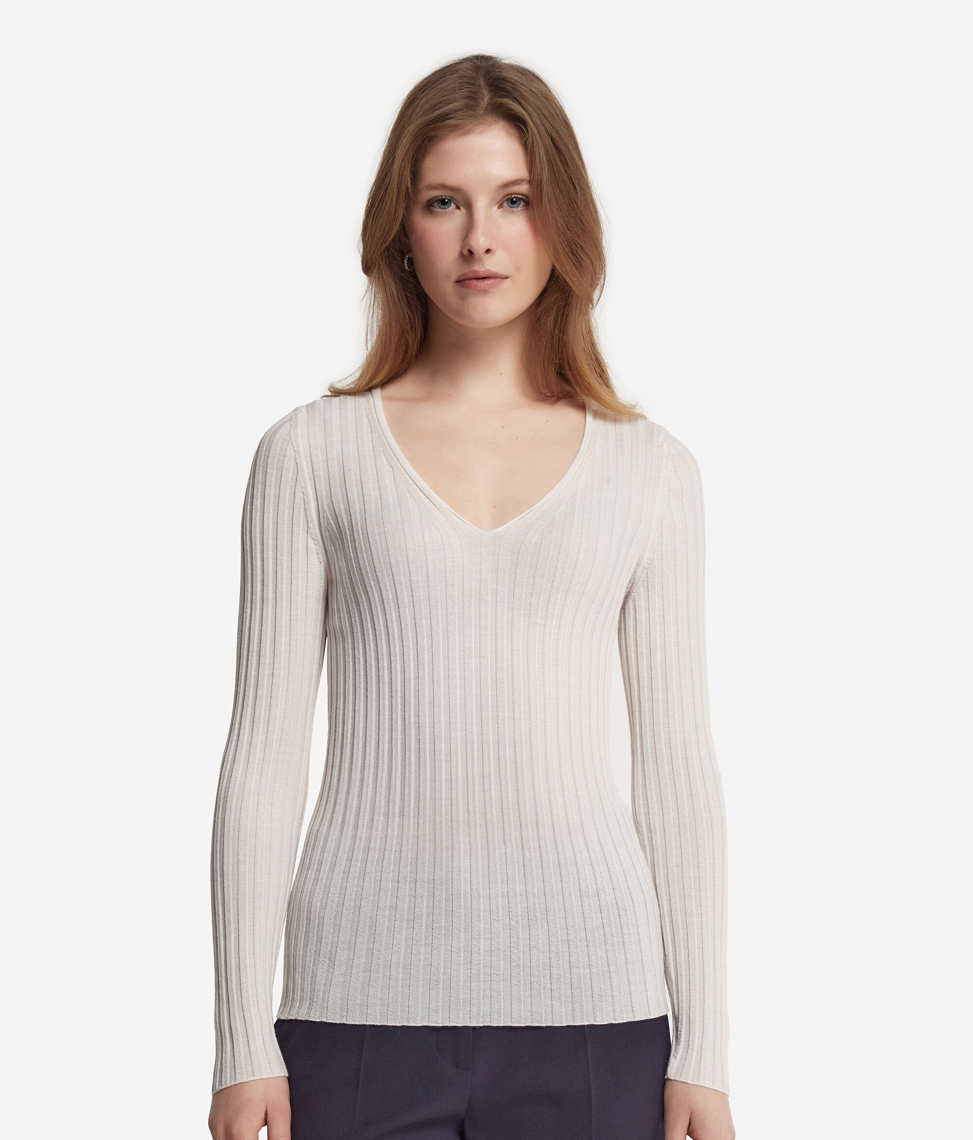 Camisola com Decote em V em Ultrafine Cashmere canelada