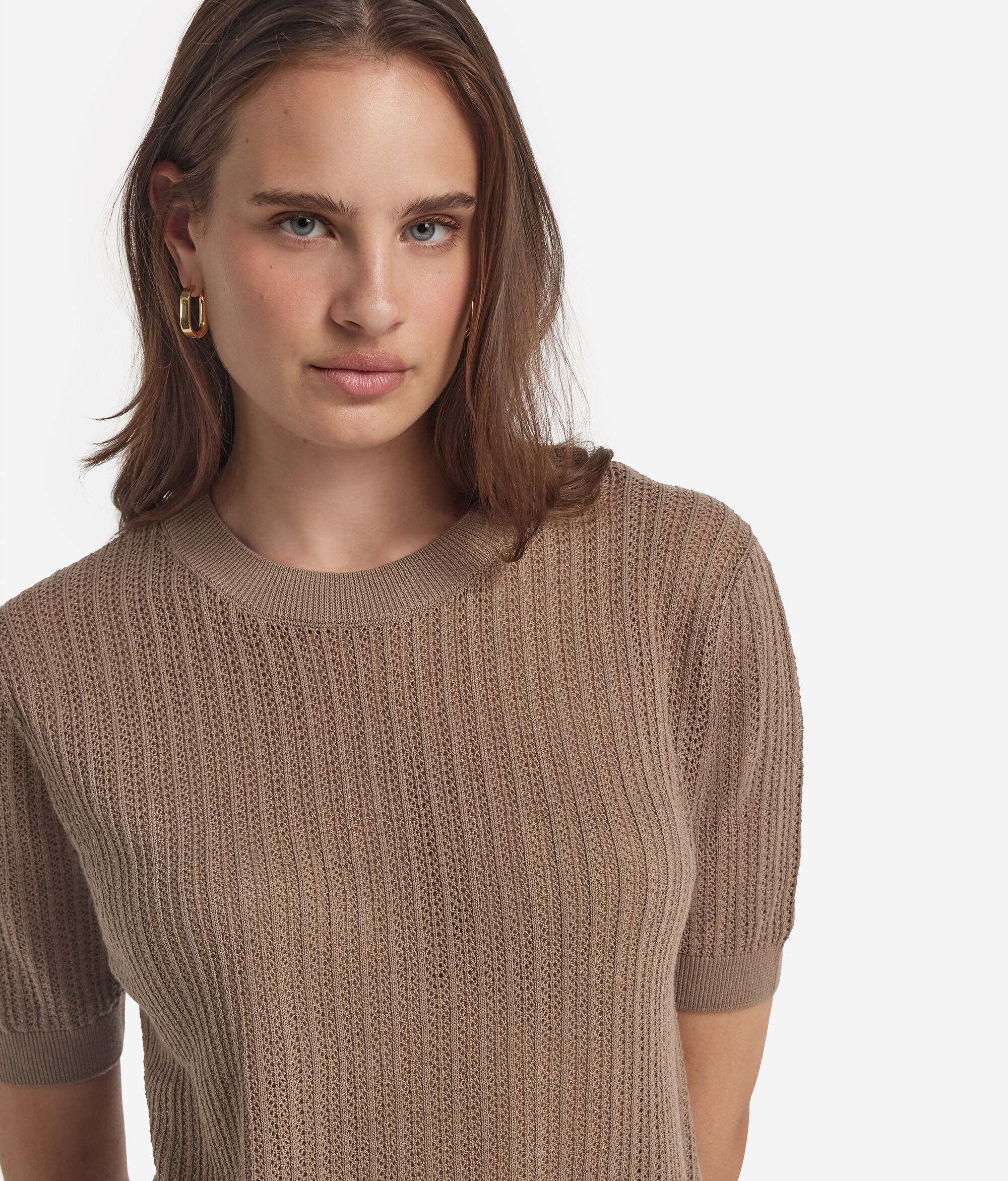 Cotton Crewneck T-Shirt with Fretted Ribbing