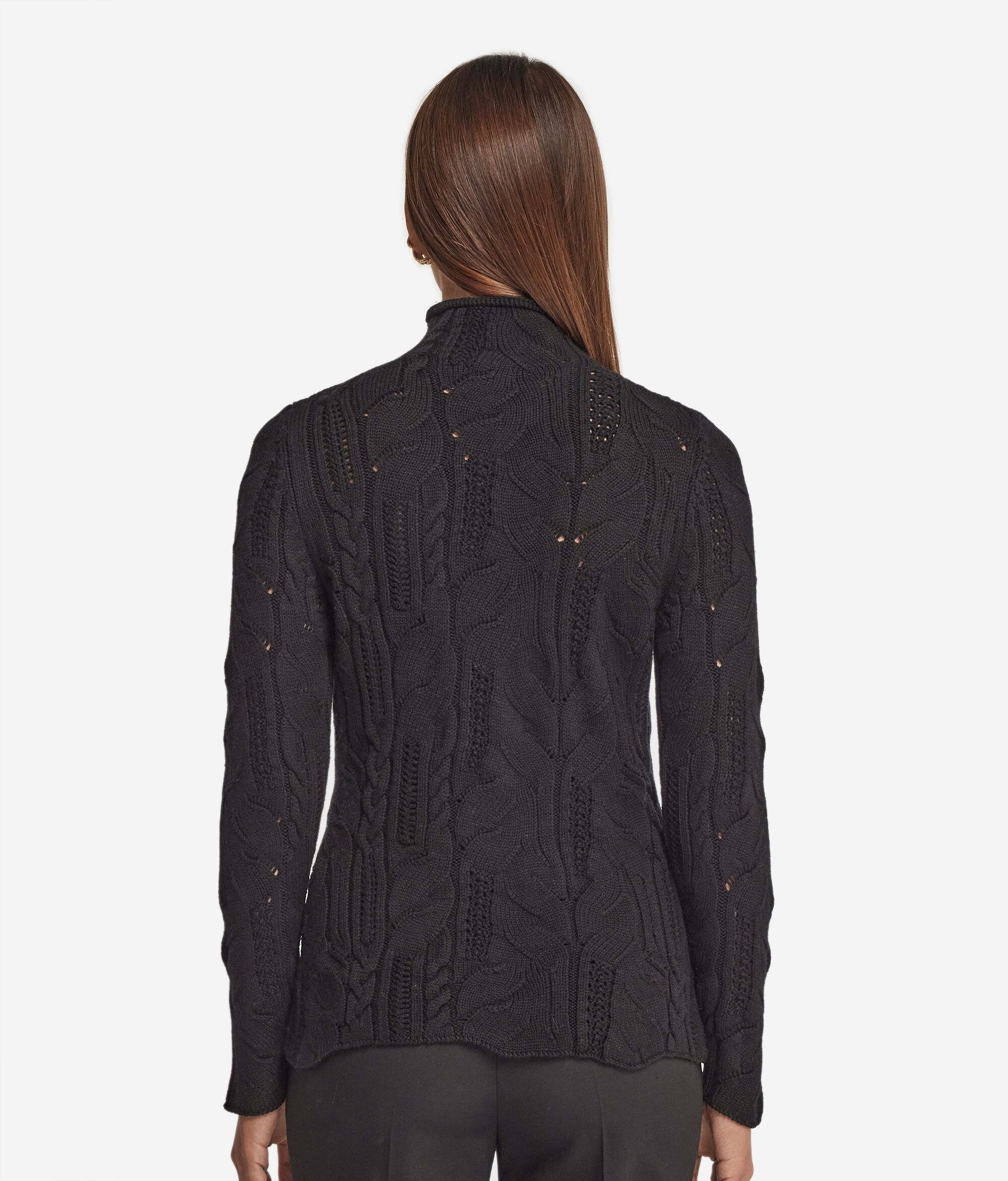 Maglia a Collo Alto con Motivo a Trecce e Pizzo in Lana