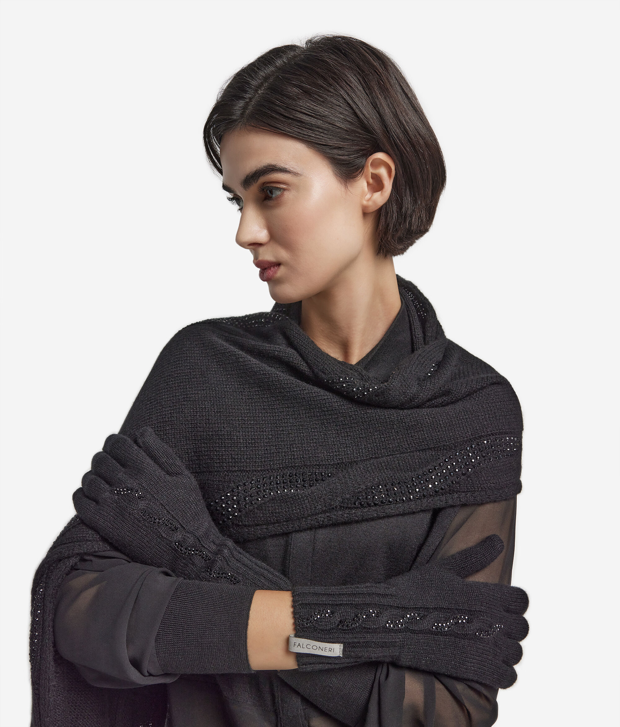 Ultrasoft Cashmere gloves with cable knit and rhinestones