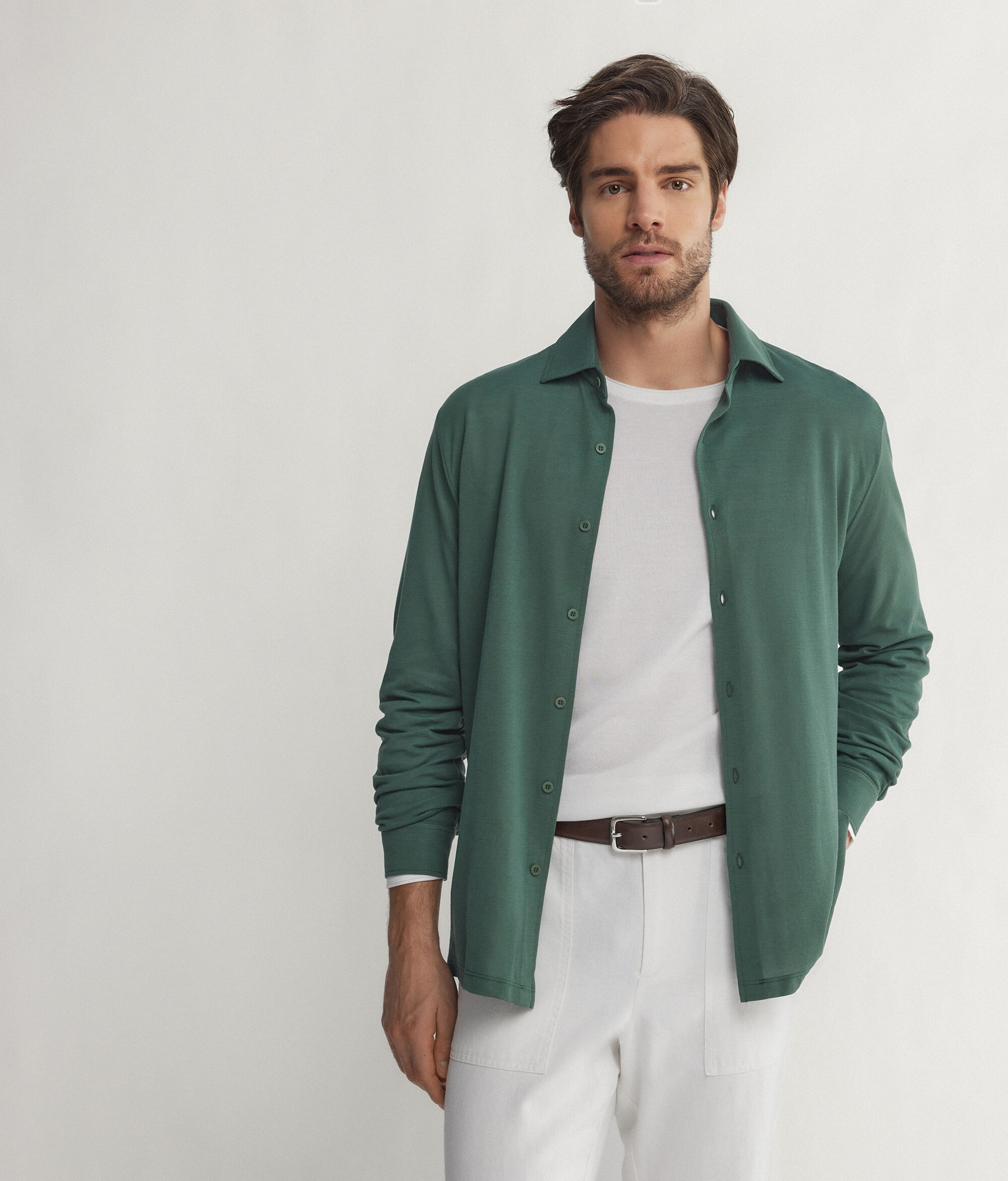 Cotton and Silk Piqué Shirt with Long Sleeves