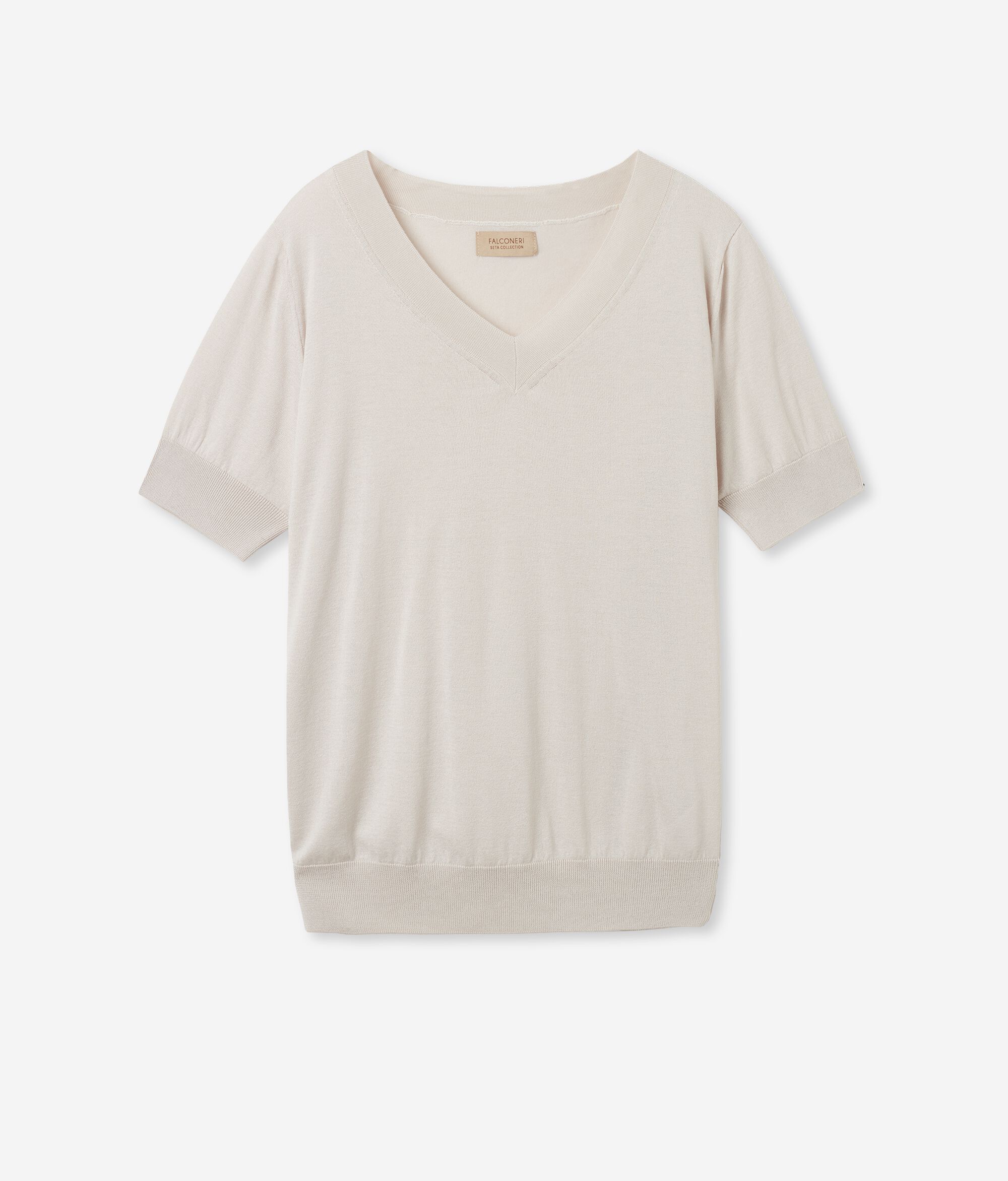 T-shirt à col V et manches courtes en soie et coton