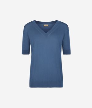Maglia con Scollo a V a Maniche Corte in Seta Cotone