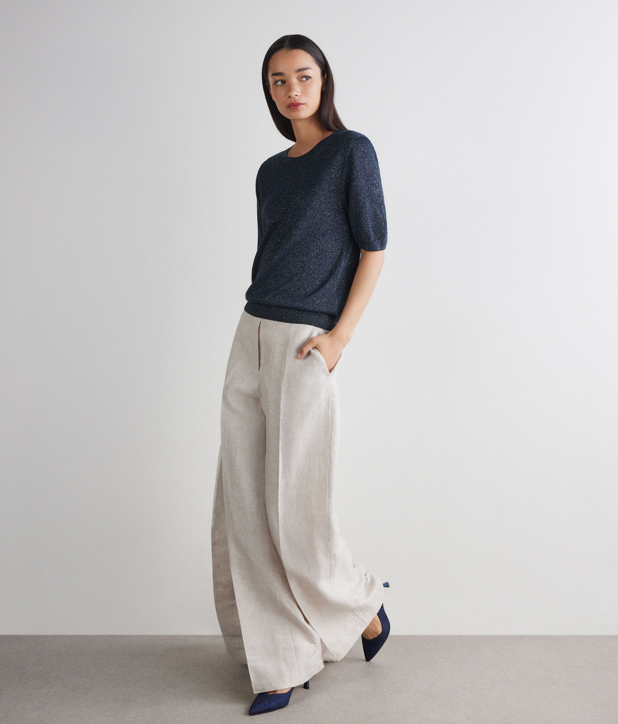 Crewneck in linen and cotton lamé