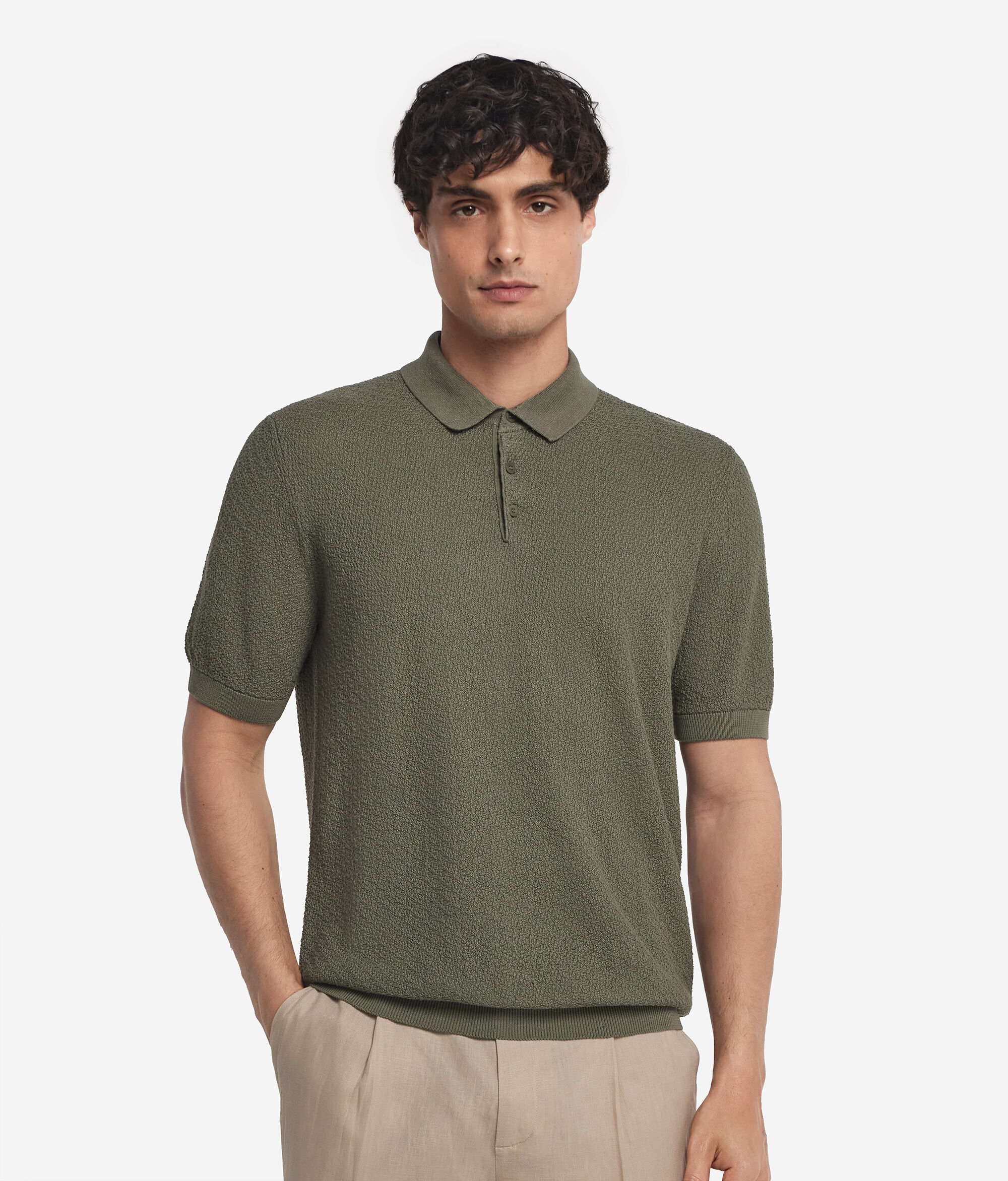 Textured Knit Short-Sleeved Polo Shirt