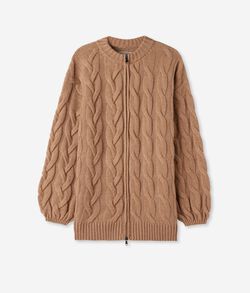 Crewneck Cable-Knit Maxi Cardigan in Ultrasoft Cashmere with Zipper